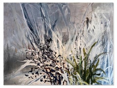Winter Trail  (snow-covered flowers/grasses, green, black, blue, coral)