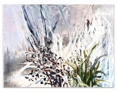 Winter Trail  (snow-covered flowers/grasses, green, black, blue, coral)