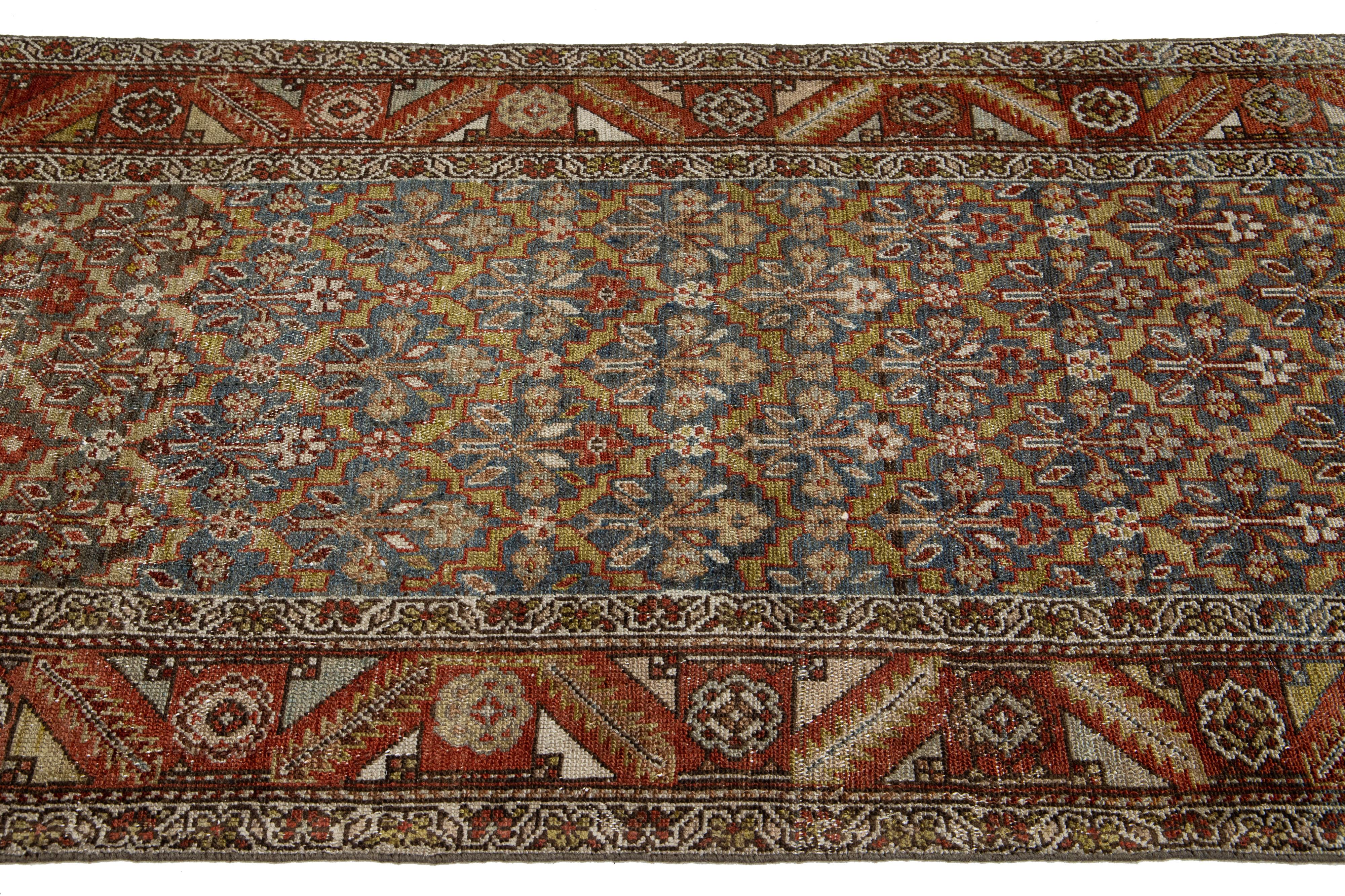 Persian Alllover Antique Malayer Handmade Wool Runner In Blue From The 1900s For Sale