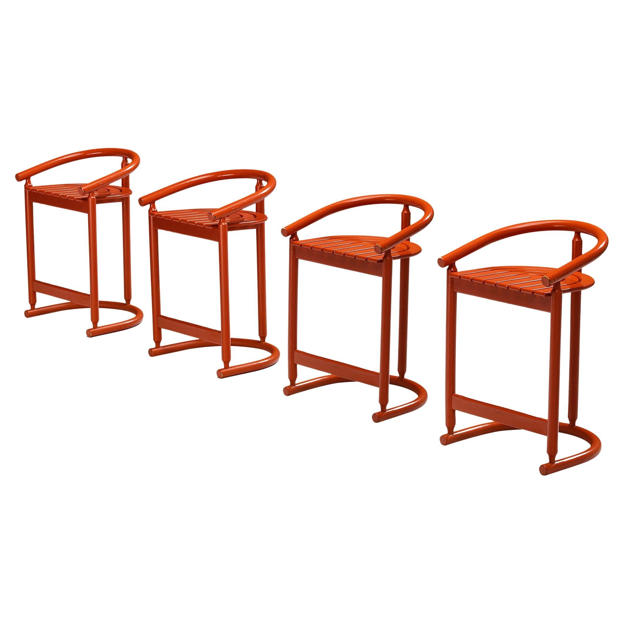 Large Set of Ten Reupholstered Bar Stools in Red Velvet For Sale at