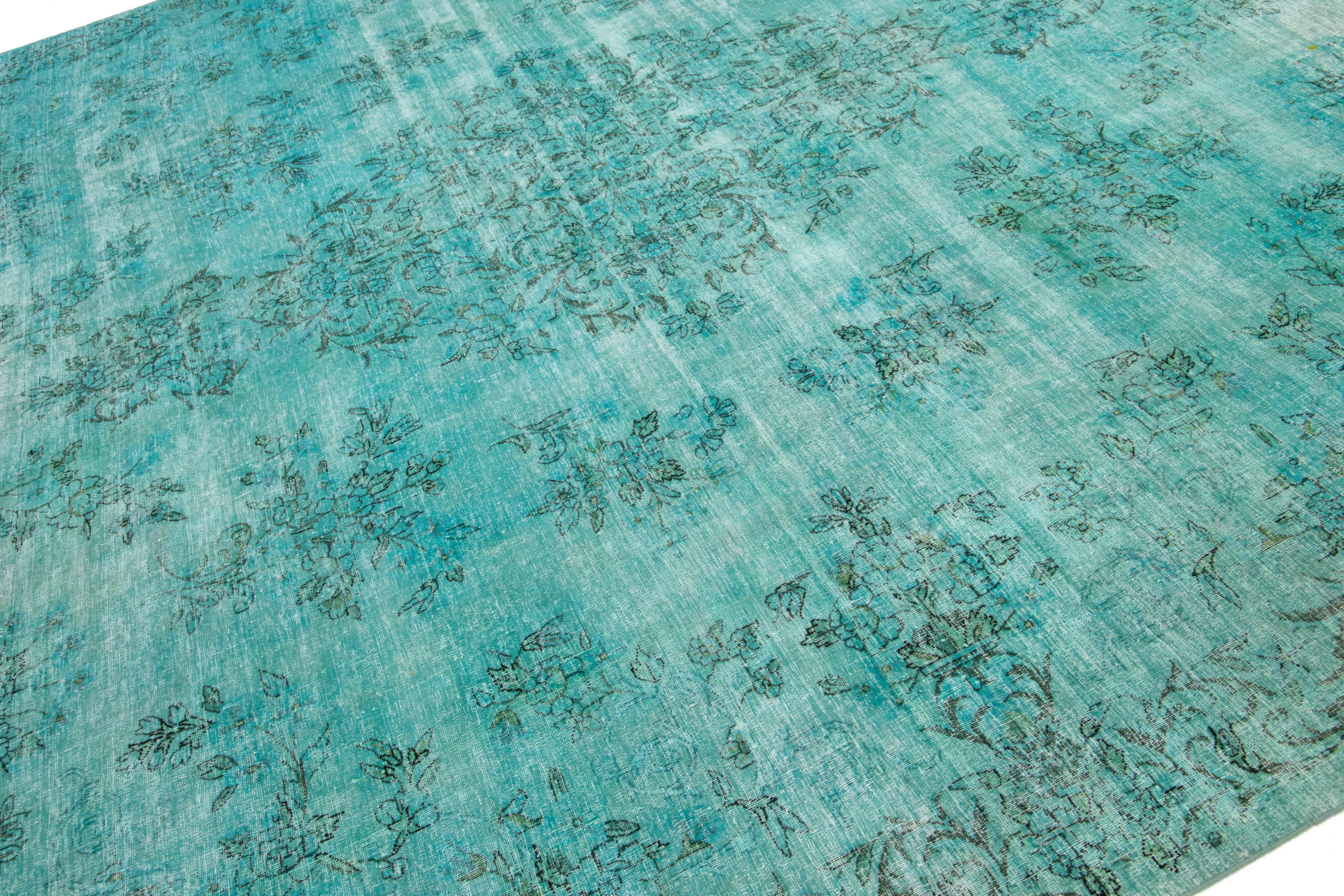 Persian Allove Designed Antique Wool Rug Overdyed In Turquoise Color For Sale