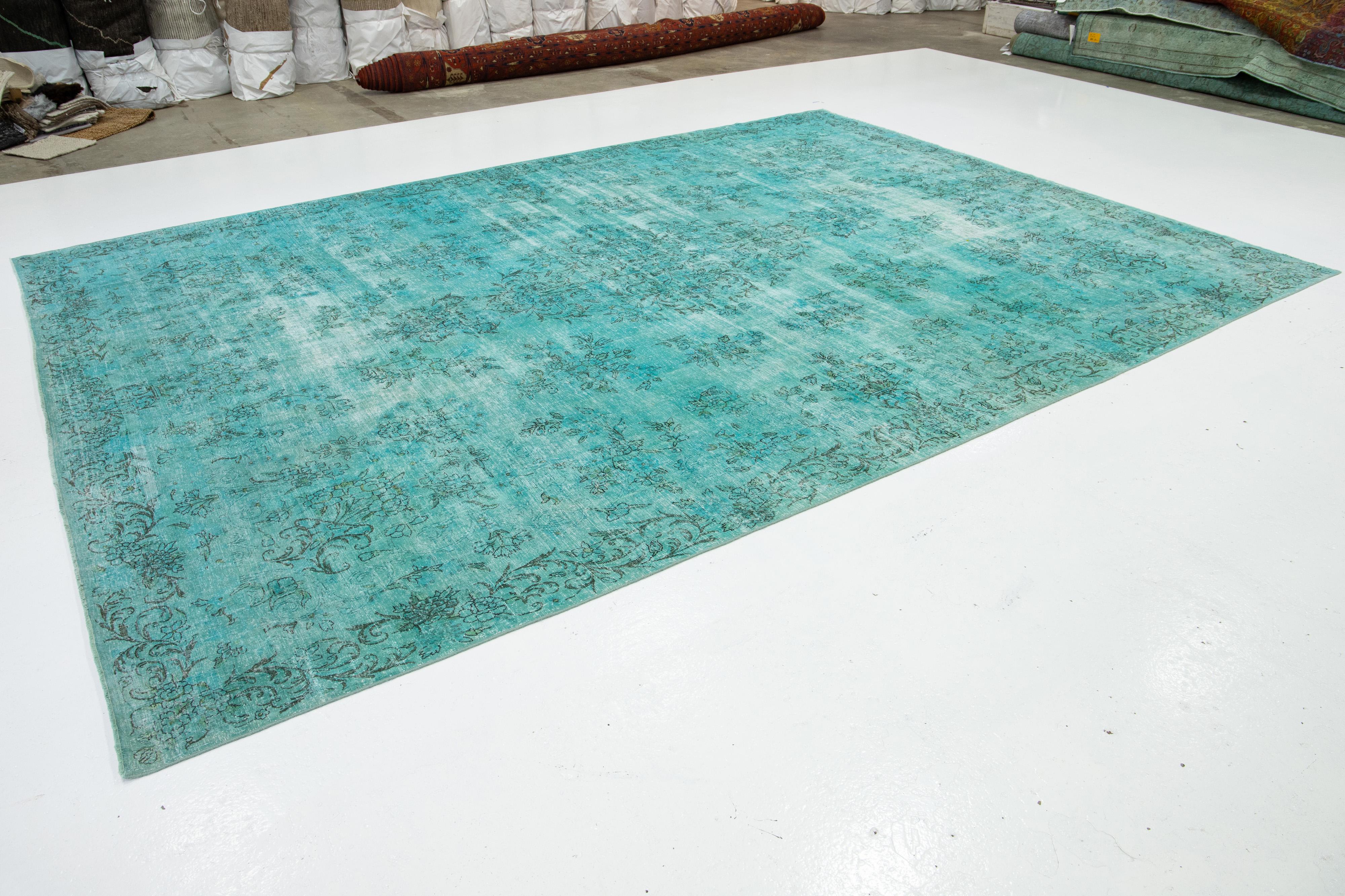 Hand-Knotted Allove Designed Antique Wool Rug Overdyed In Turquoise Color For Sale