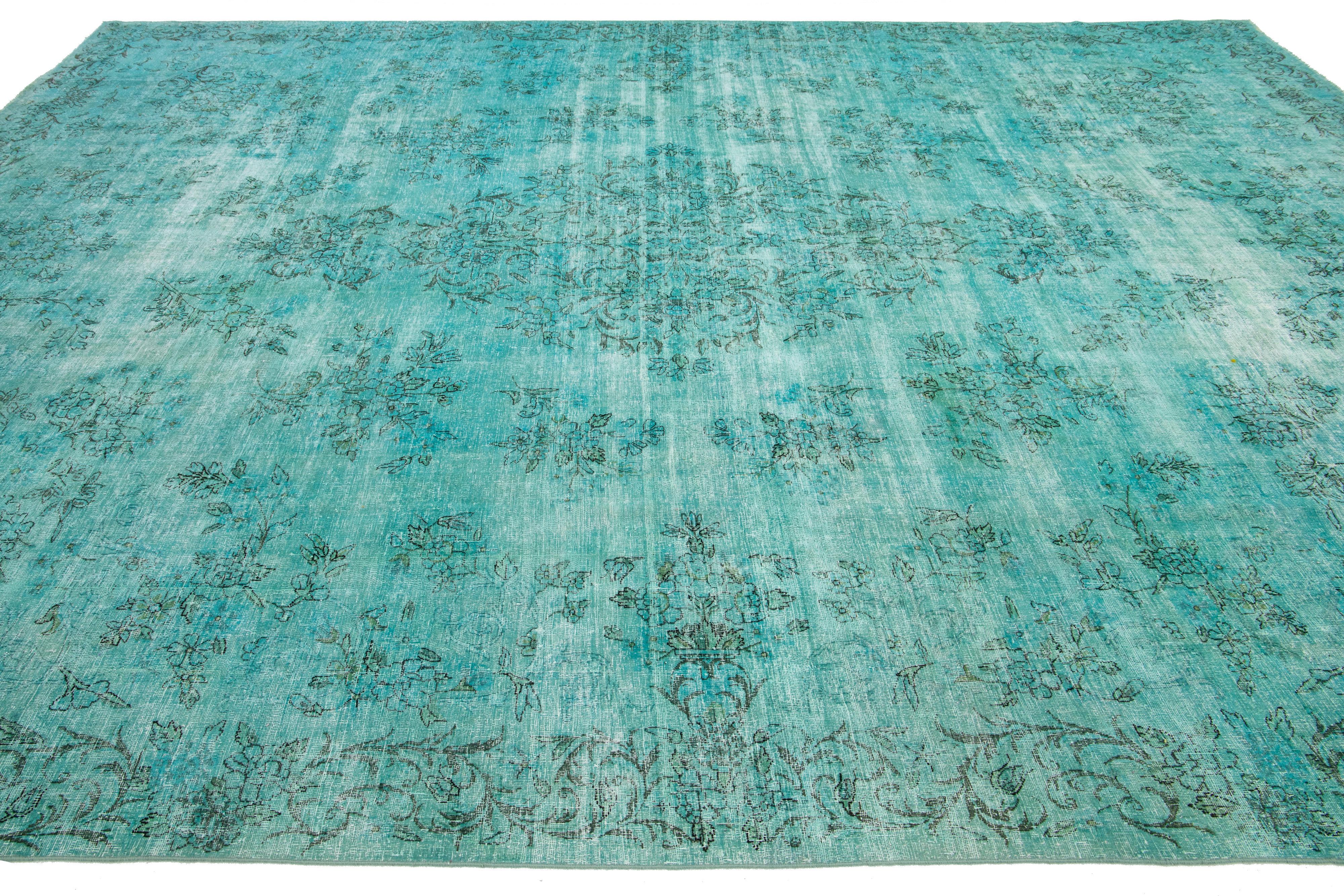Allove Designed Antique Wool Rug Overdyed In Turquoise Color In Good Condition For Sale In Norwalk, CT