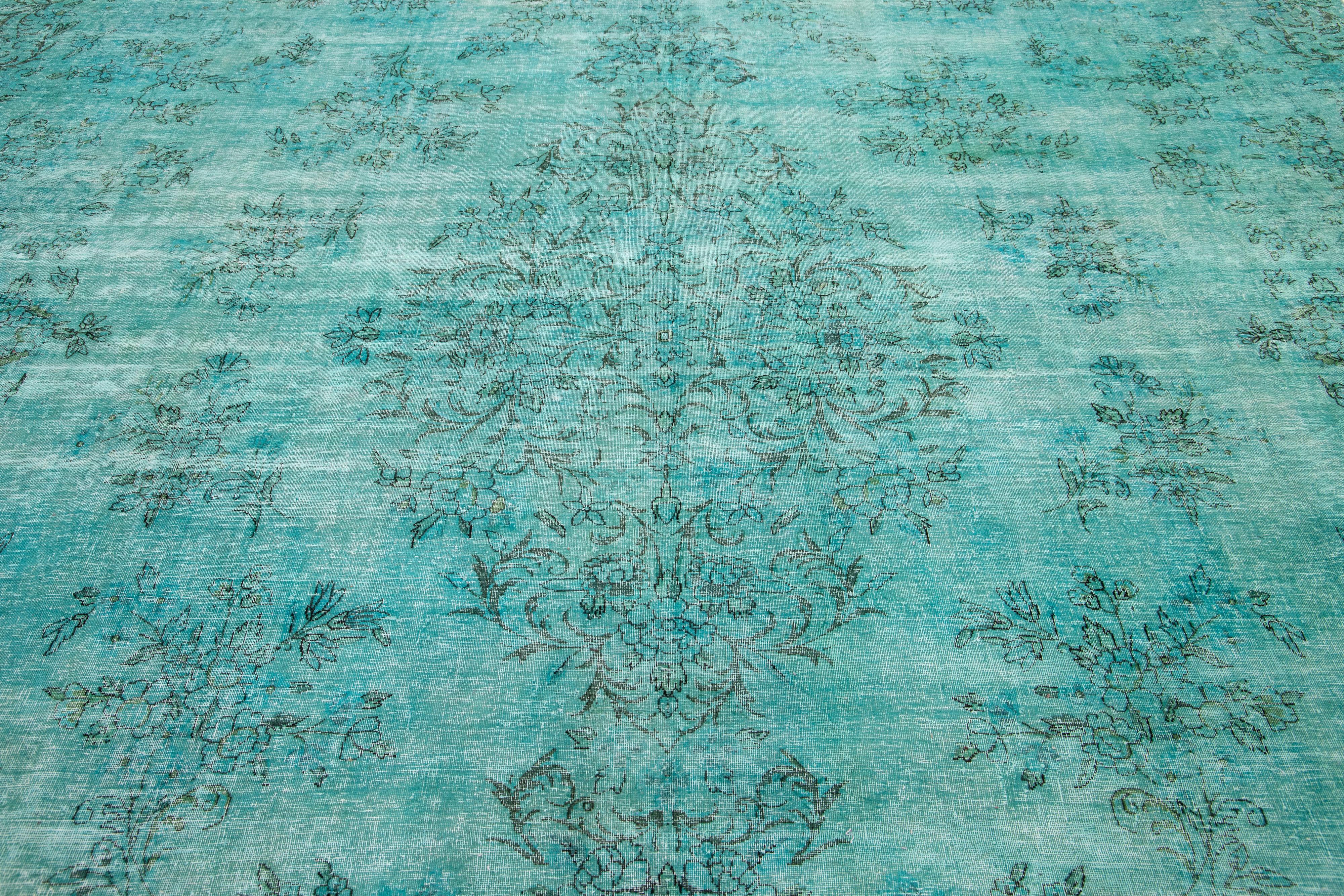 Allove Designed Antique Wool Rug Overdyed In Turquoise Color For Sale 1