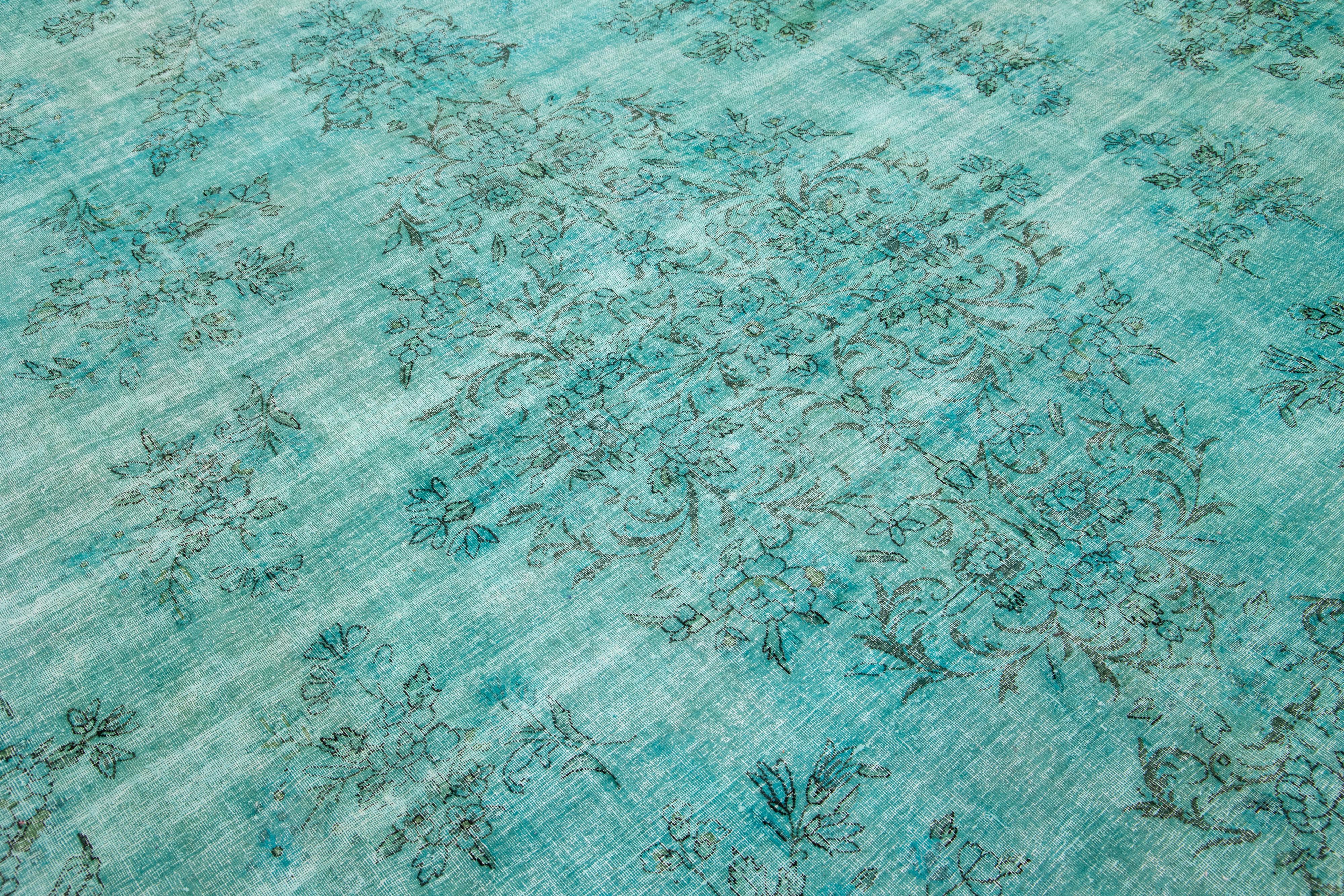 Allove Designed Antique Wool Rug Overdyed In Turquoise Color For Sale 2