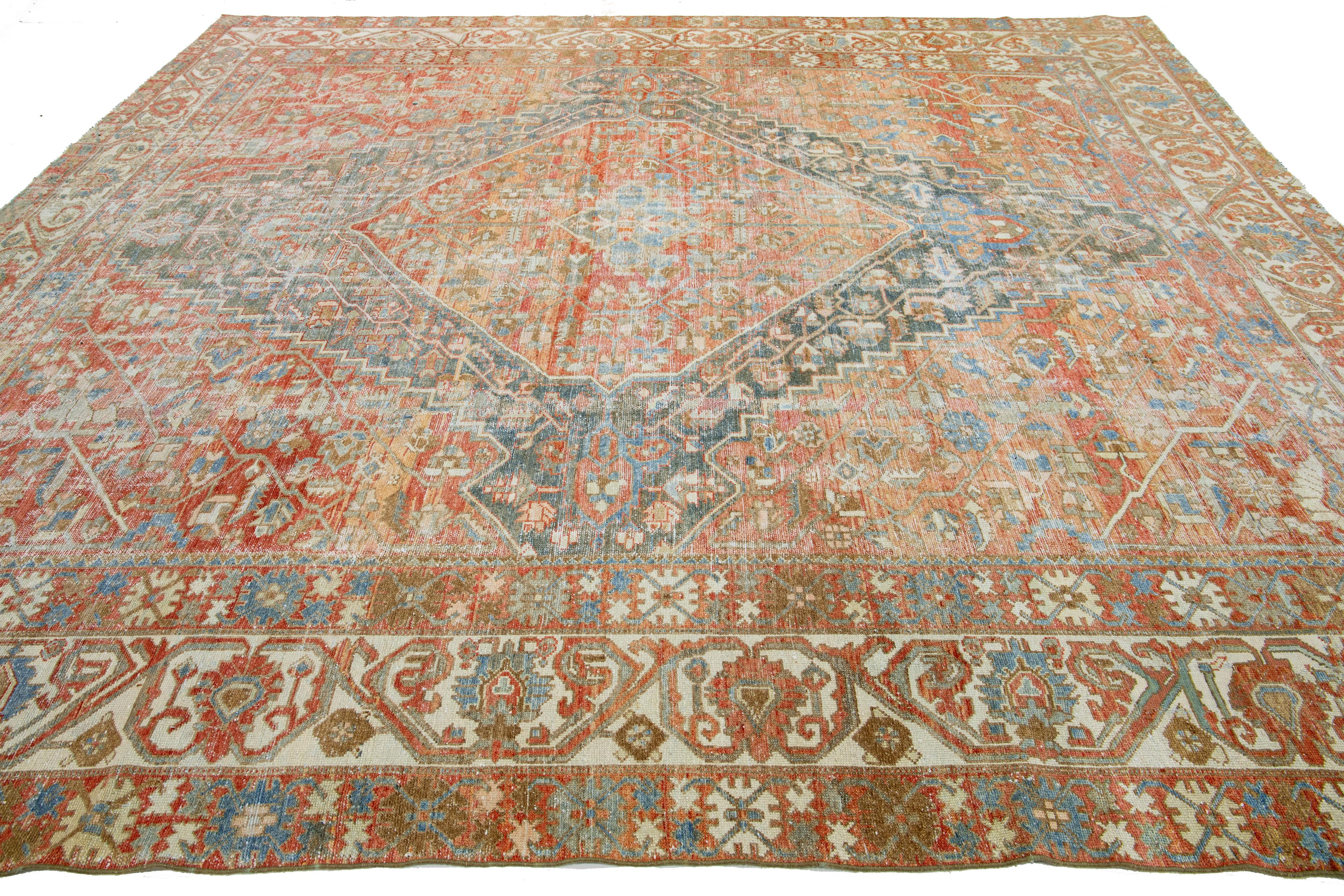 Hand-Knotted Allover 1900s Antique Persian Bakhtiari Wool Rug In Rust Color  For Sale