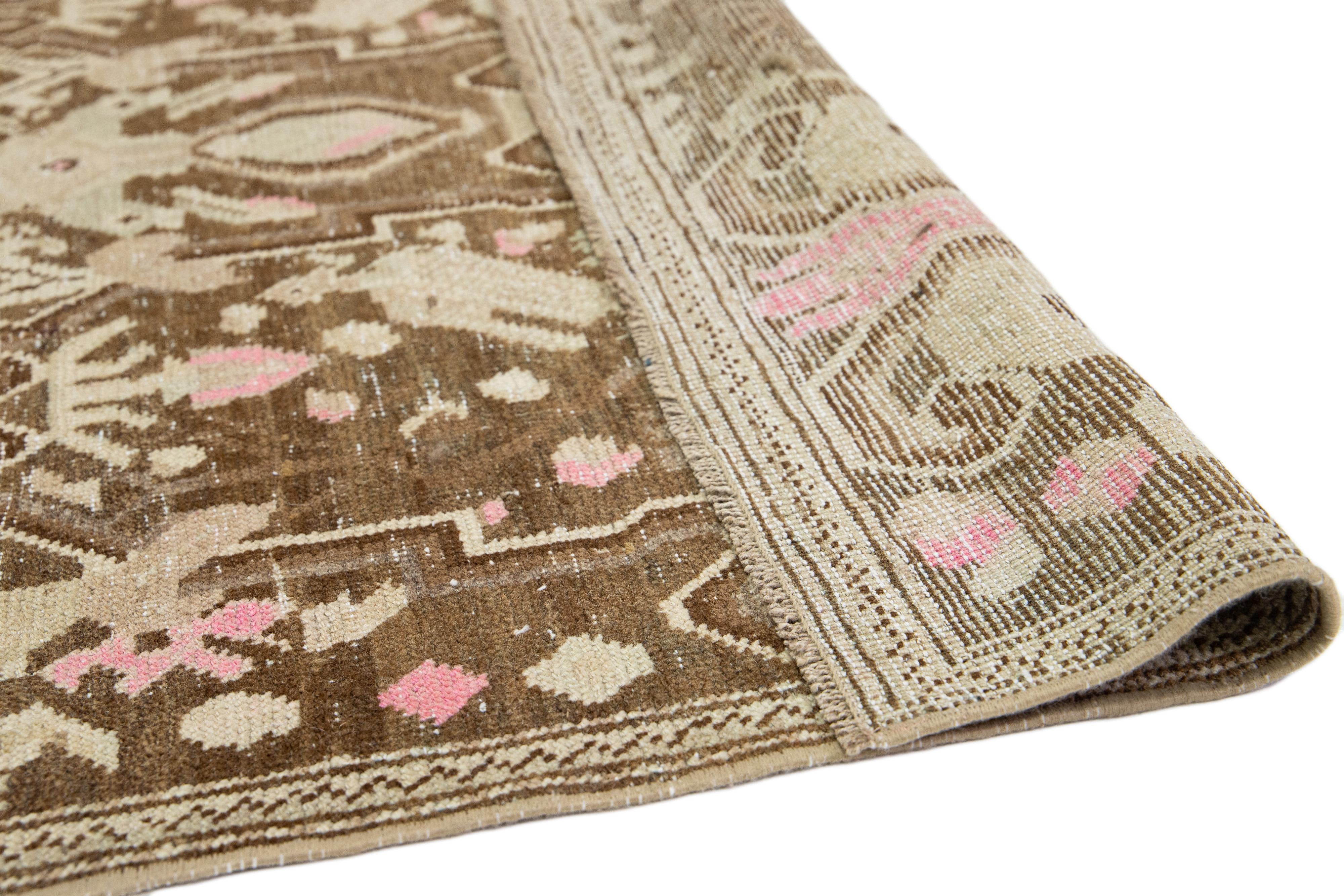 Azerbaijani Allover 1920s Antique  Karabagh Handmade Wool Runner In Brown And Pink  For Sale