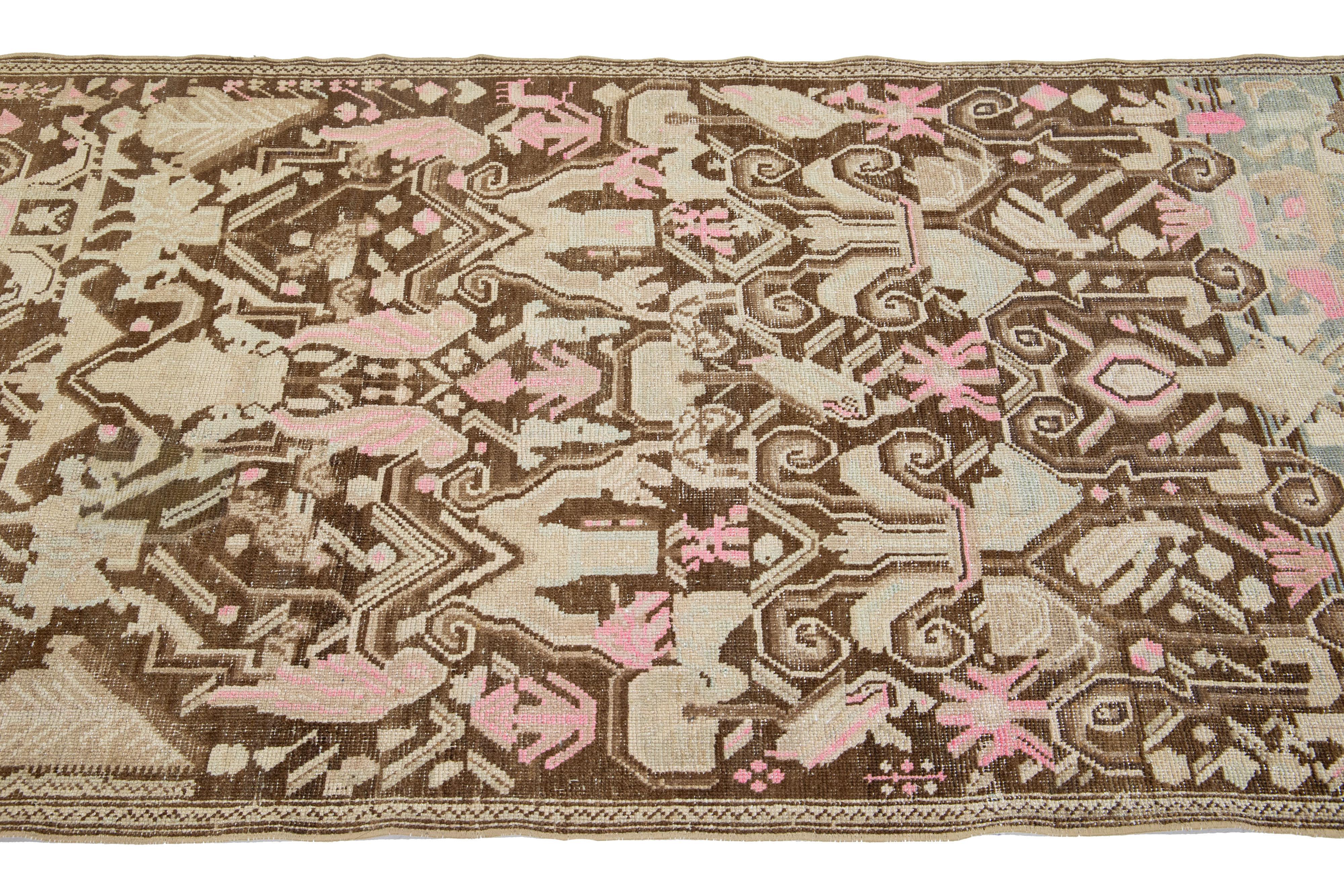 Allover 1920s Antique  Karabagh Handmade Wool Runner In Brown And Pink  In Good Condition For Sale In Norwalk, CT