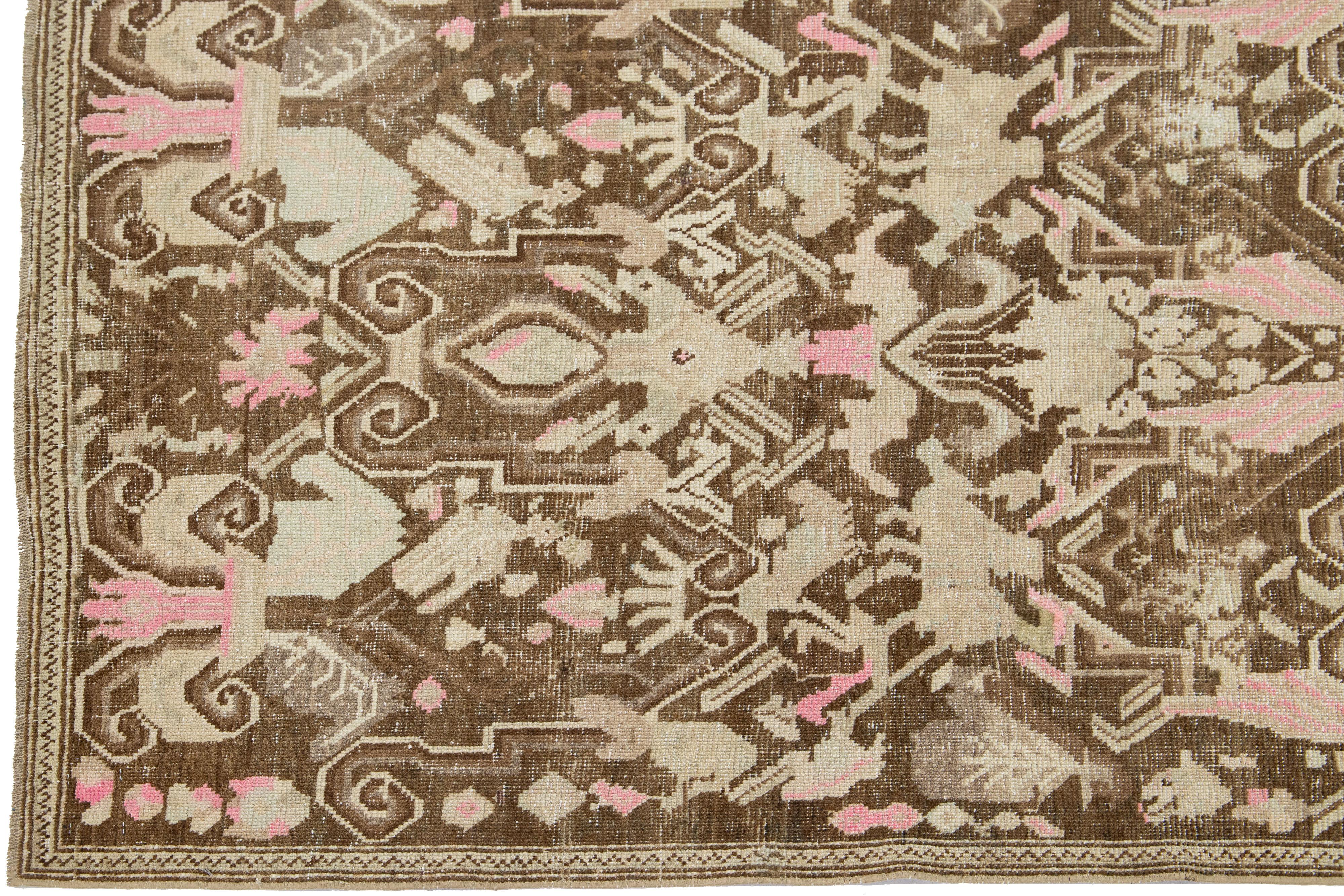 20th Century Allover 1920s Antique  Karabagh Handmade Wool Runner In Brown And Pink  For Sale