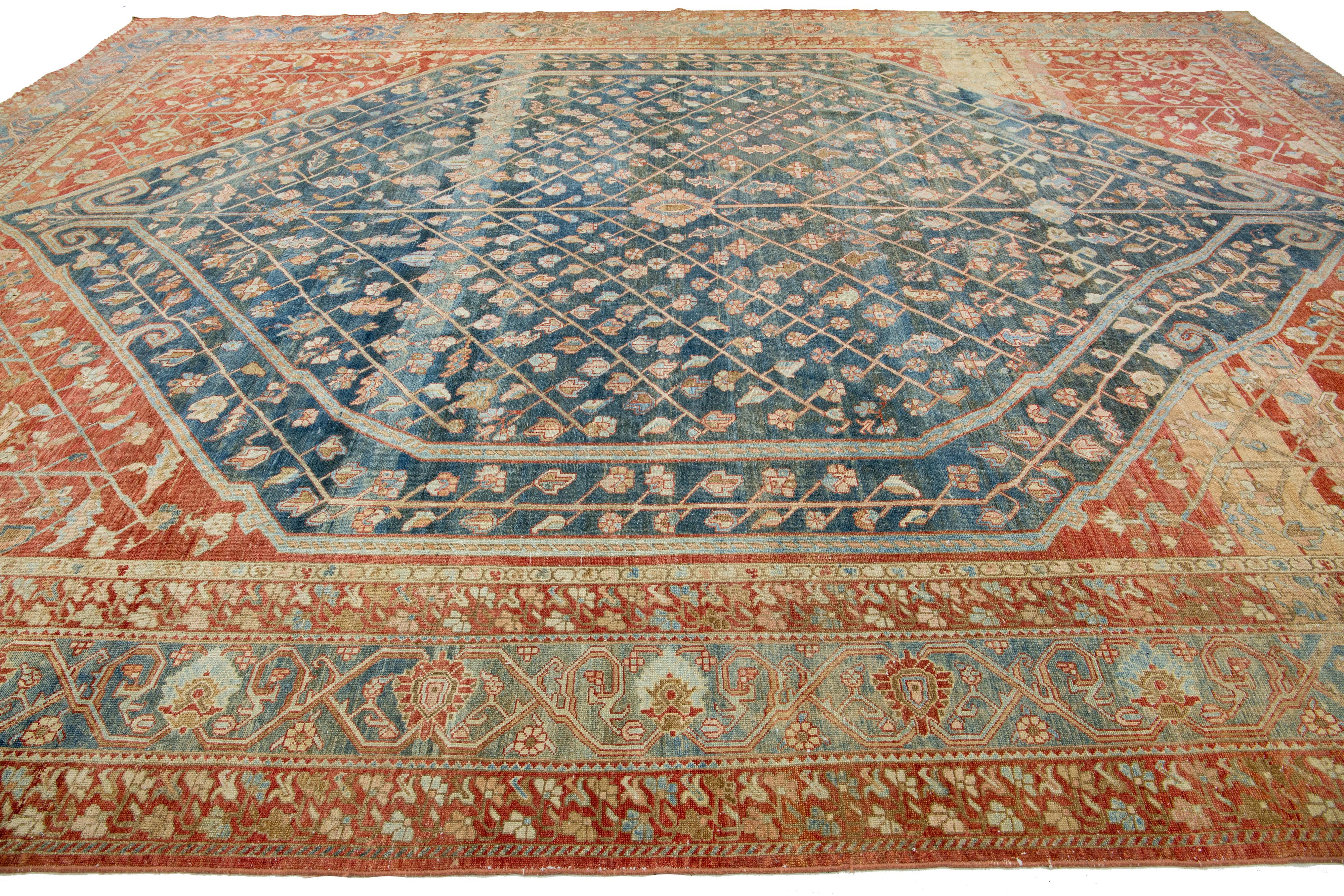 Hand-Knotted Allover 1920s Antique Persian Bakhtiari Wool Rug In Blue & Red-Rust Color  For Sale