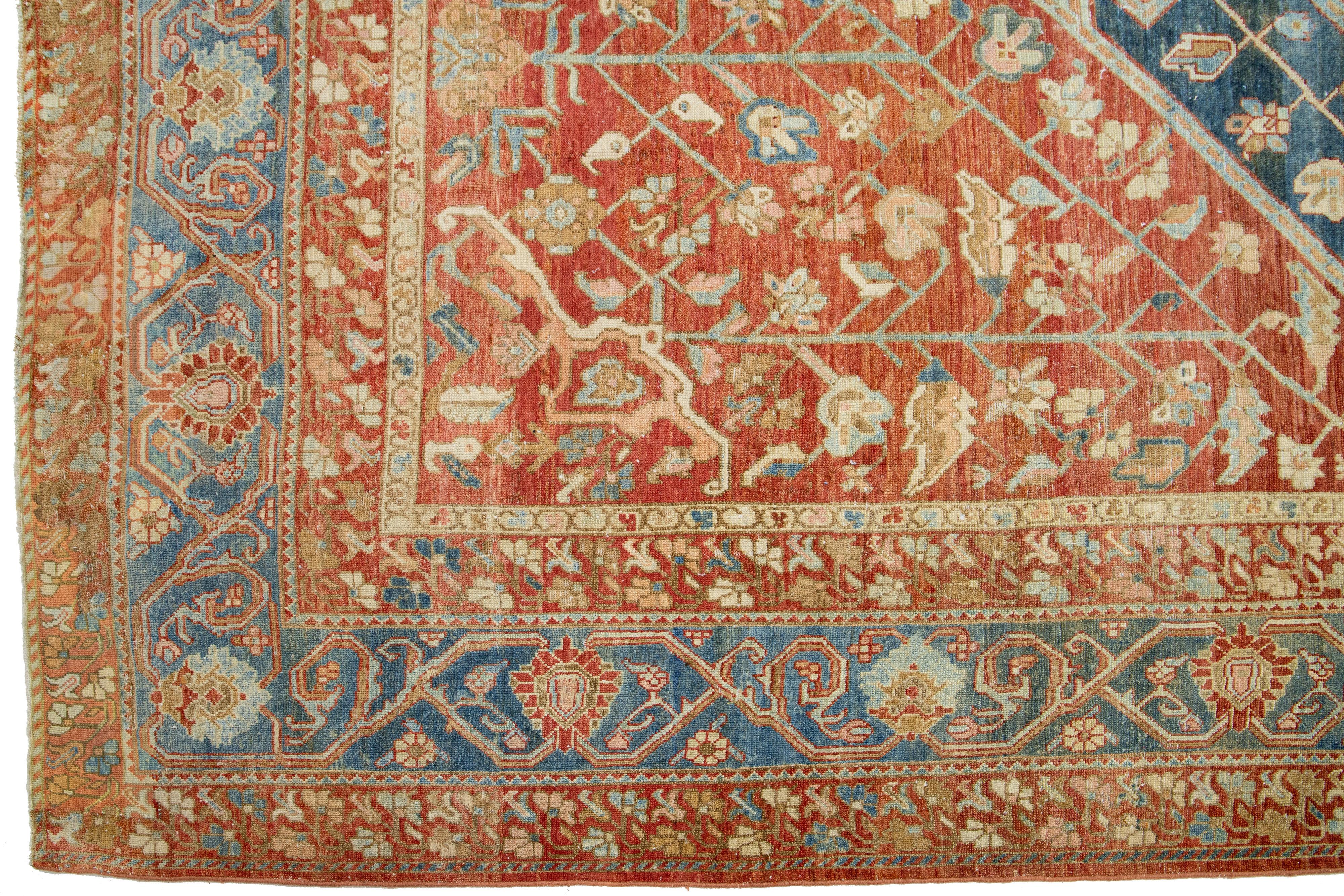 Allover 1920s Antique Persian Bakhtiari Wool Rug In Blue & Red-Rust Color  In Good Condition For Sale In Norwalk, CT