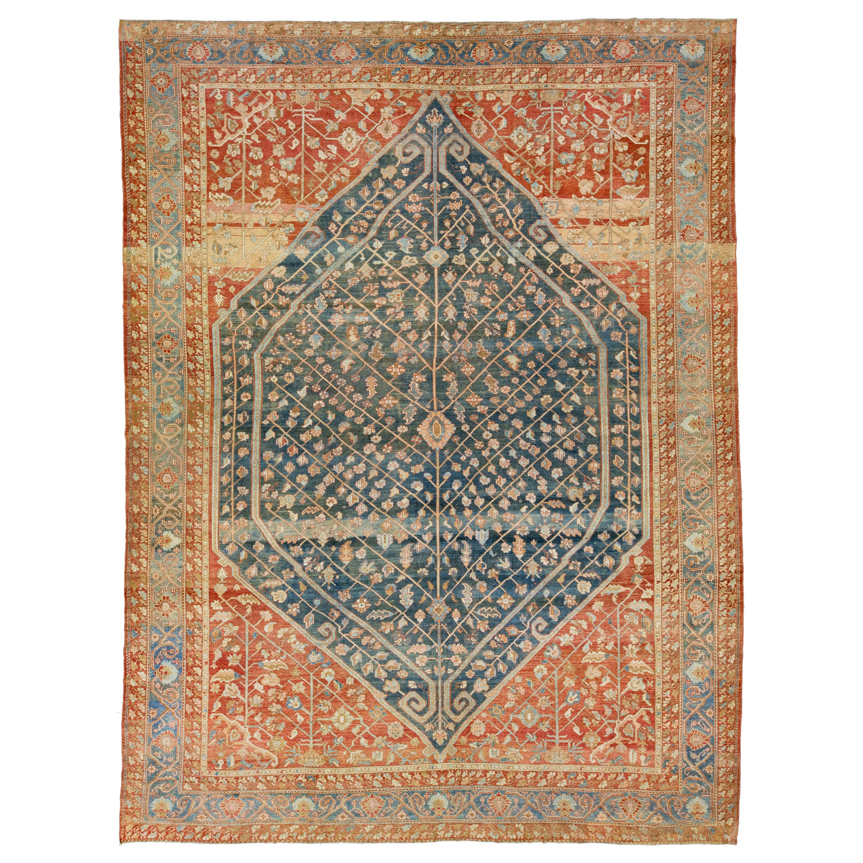 Tappeto antico persiano Bakhtiari in lana, blu e rosso-ruggine, a trifoglio 1920