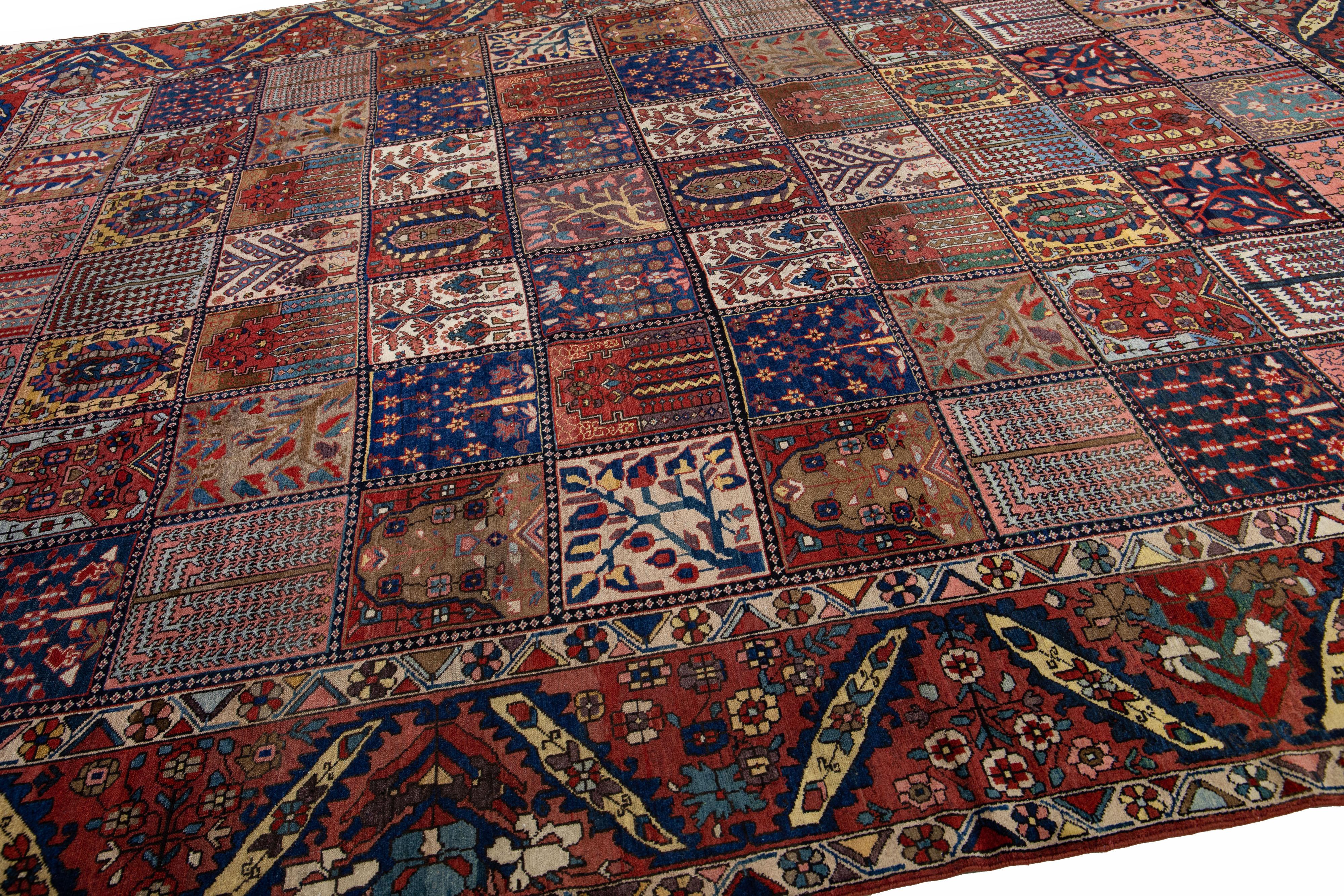 Hand-Knotted Allover Antique Bakhtiari Handmade Persian Wool Rug with Multicolor Field For Sale