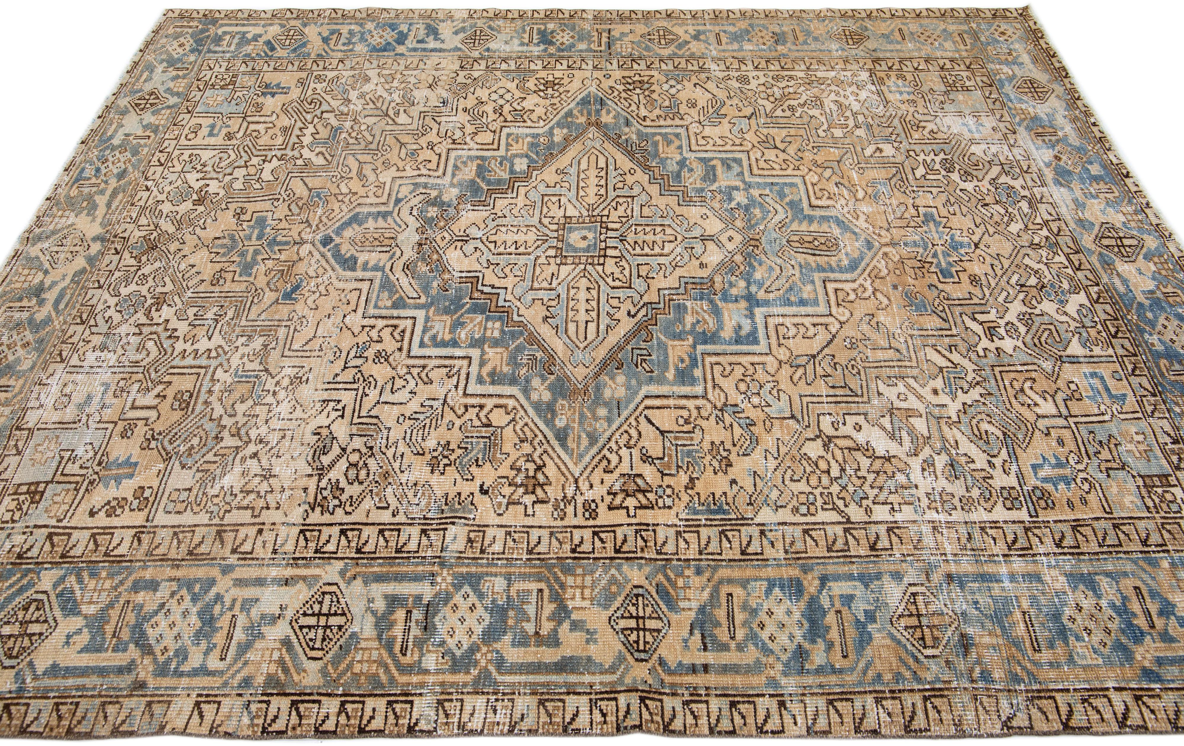 Allover Antique Heriz Handmade Persian Wool Rug In Beige & Blue In Good Condition For Sale In Norwalk, CT