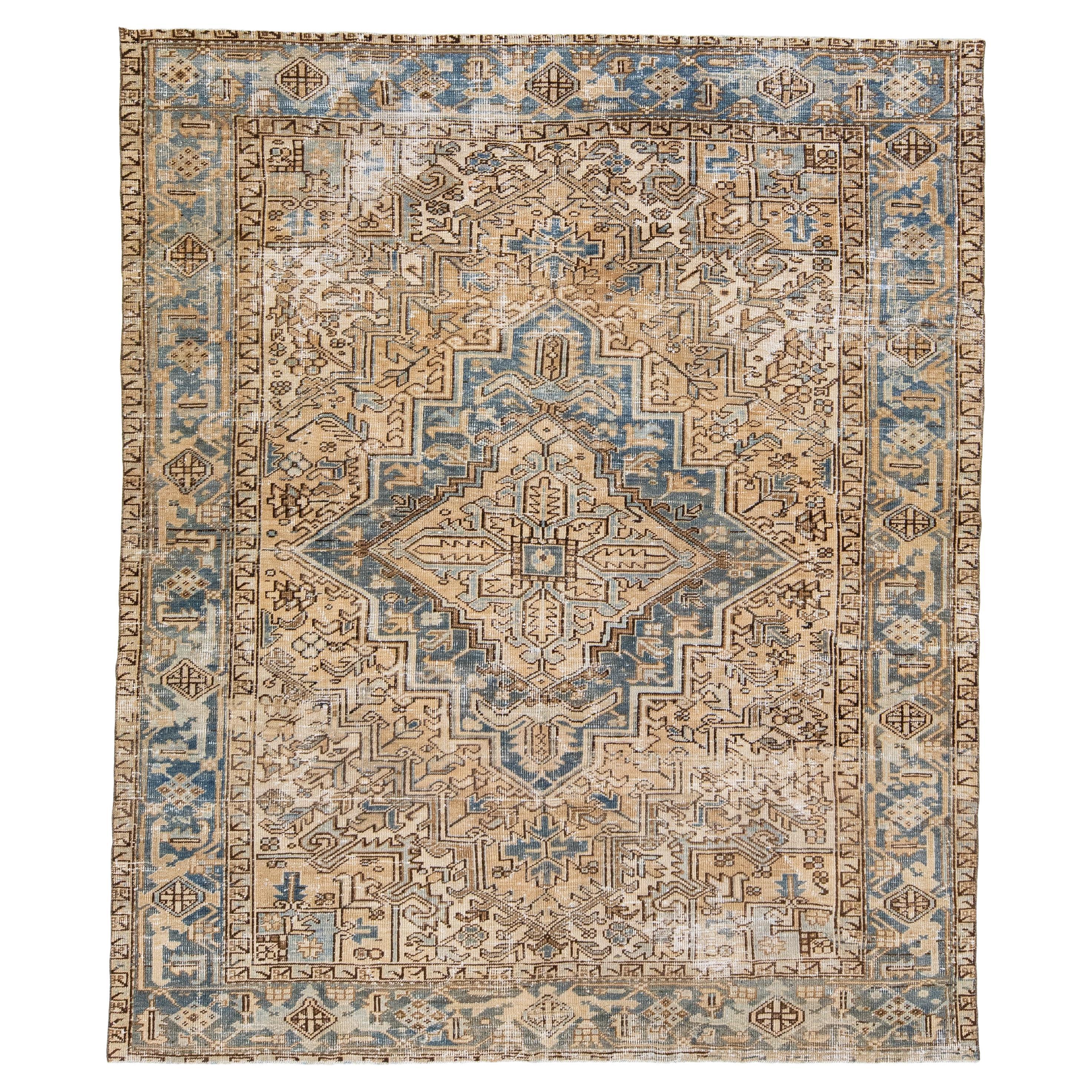 Allover Antique Heriz Handmade Persian Wool Rug In Beige & Blue For Sale