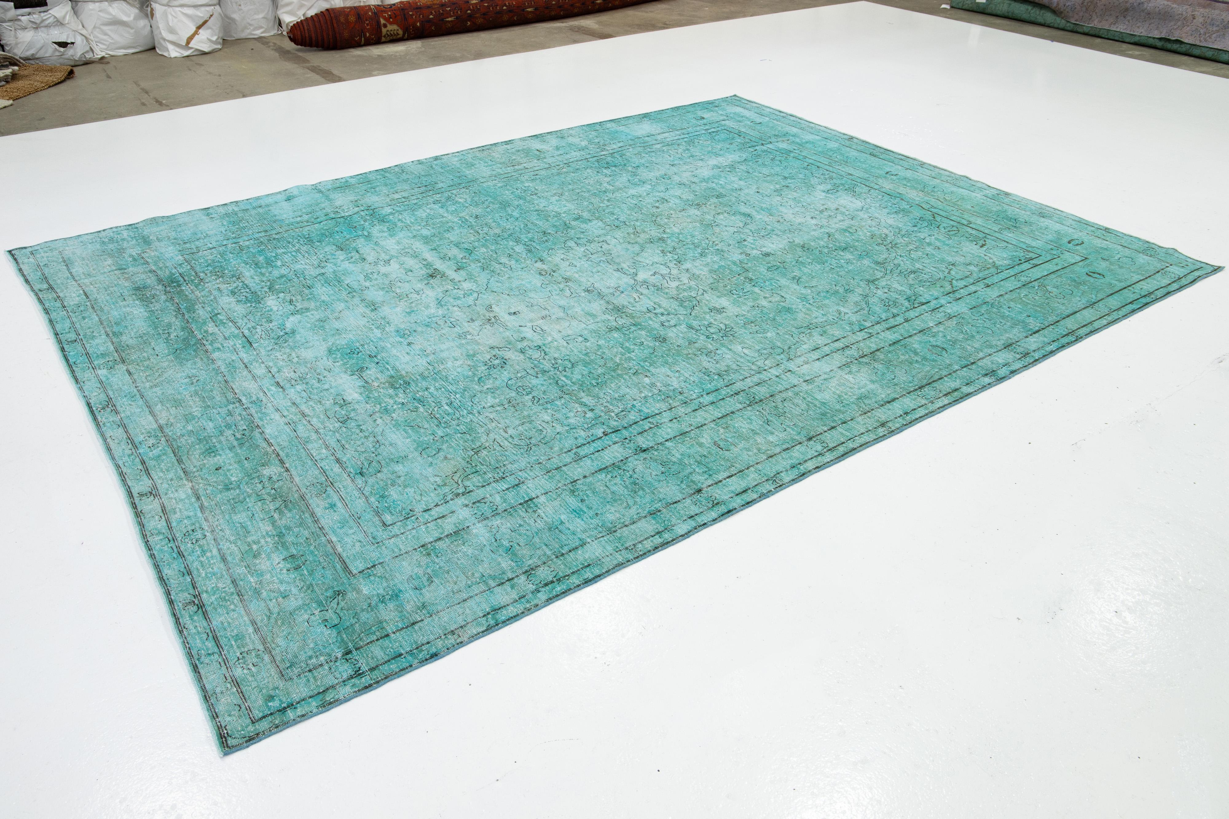 Hand-Knotted Allover Antique Overdyed  Wool Rug Room Size In Green For Sale
