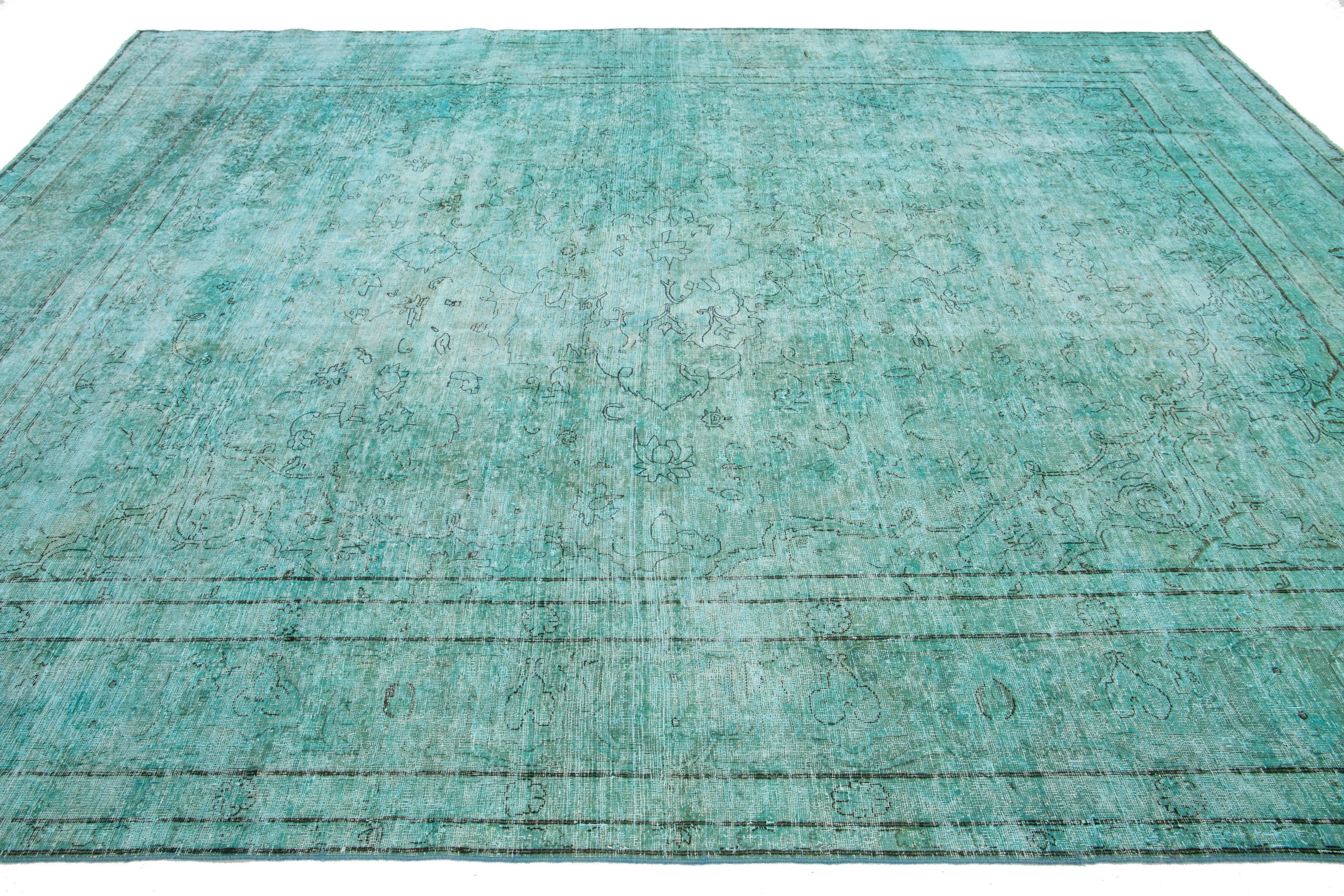 Allover Antique Overdyed  Wool Rug Room Size In Green For Sale 2