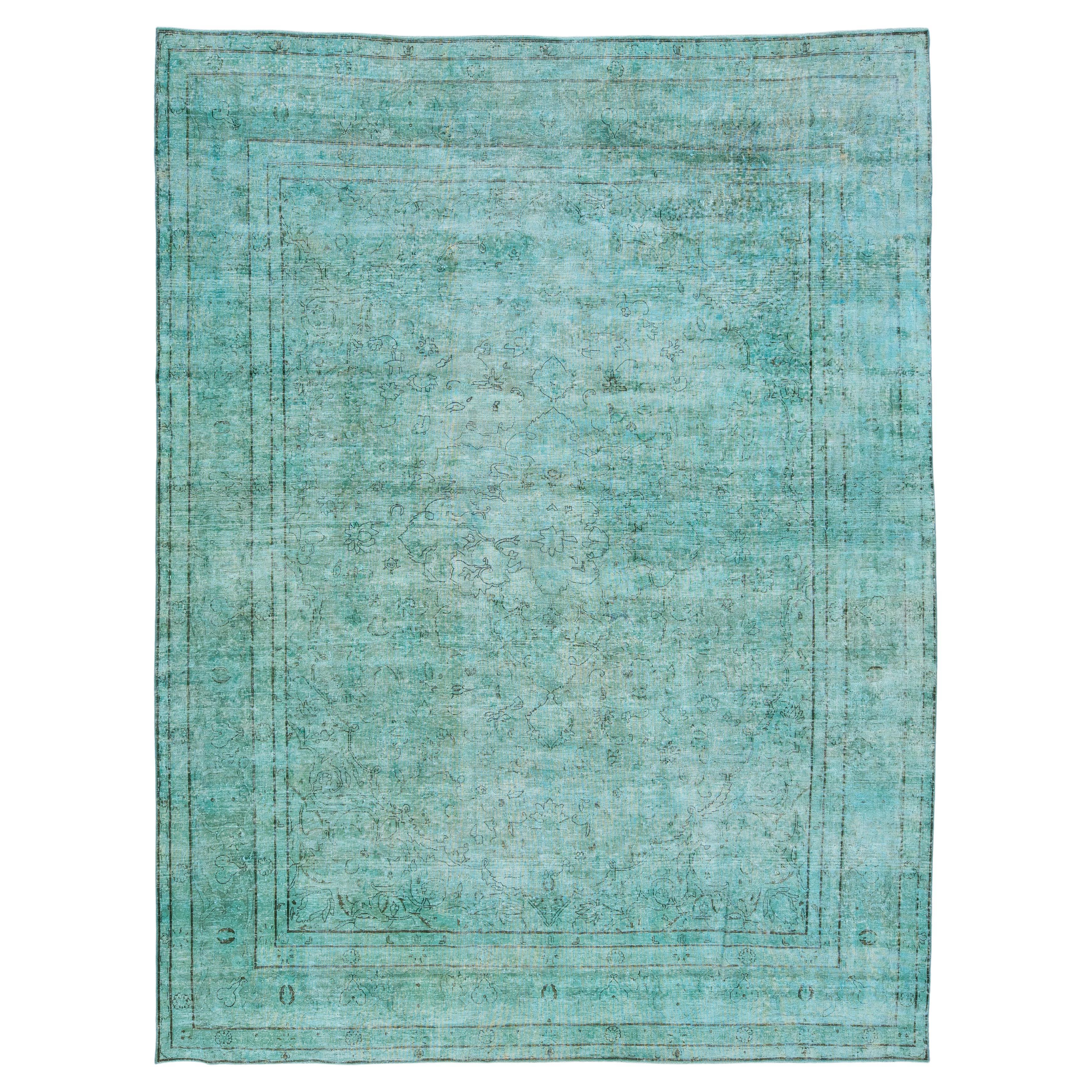 Allover Antique Overdyed  Wool Rug Room Size In Green For Sale