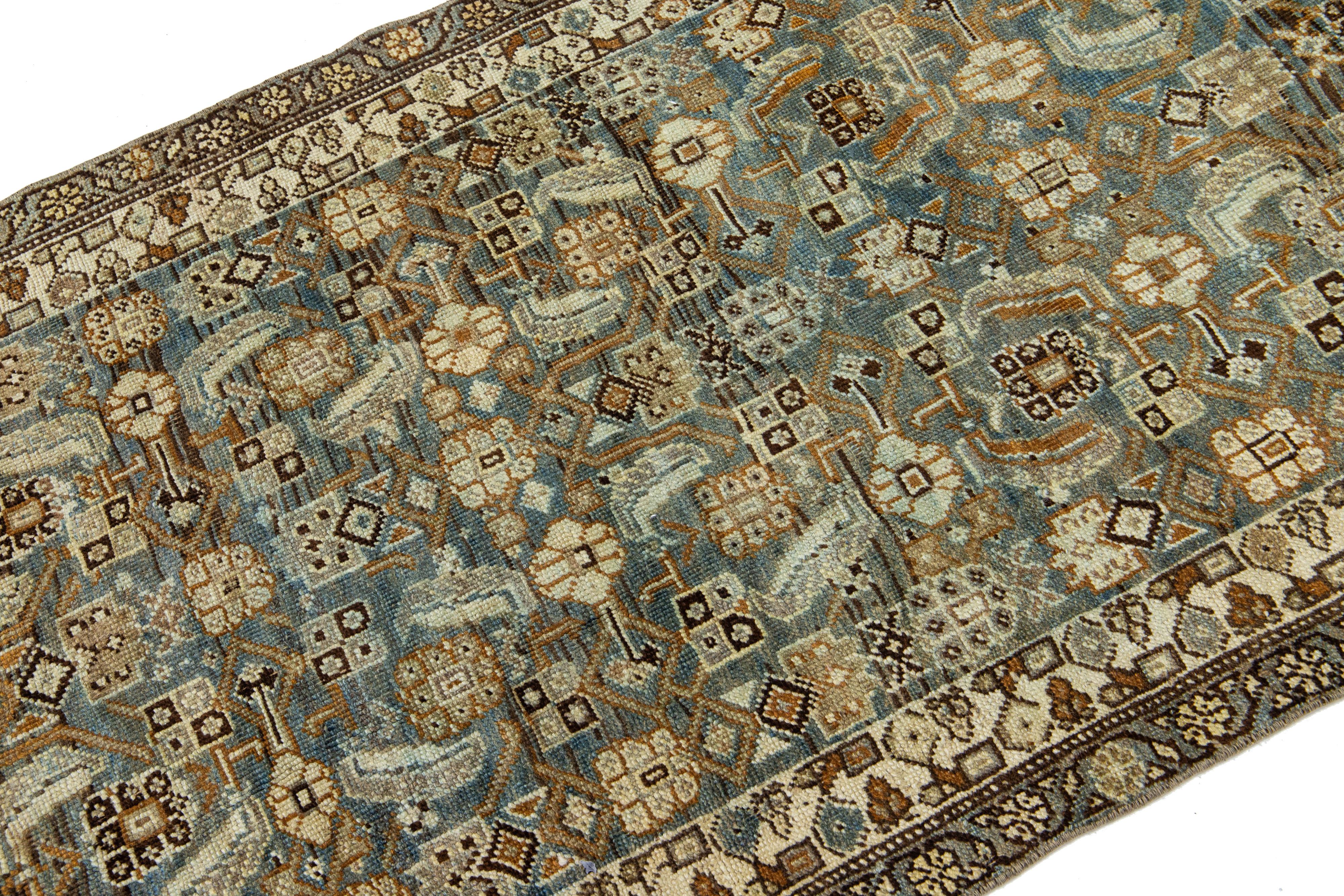 Islamic Allover Antique Persian Bidjar Handmade Wool Runner In Brown And Blue For Sale