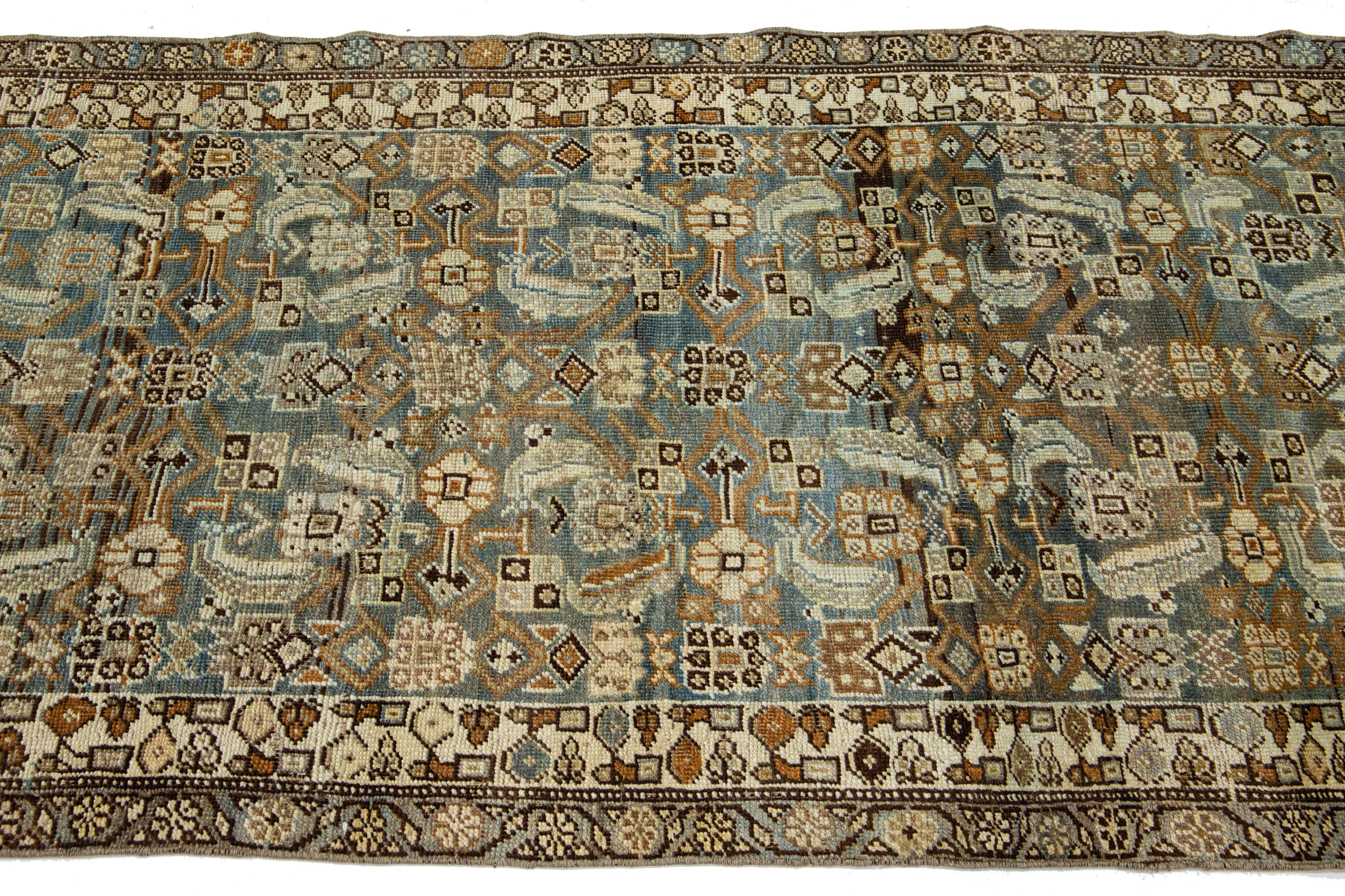 Allover Antique Persian Bidjar Handmade Wool Runner In Brown And Blue In Good Condition For Sale In Norwalk, CT
