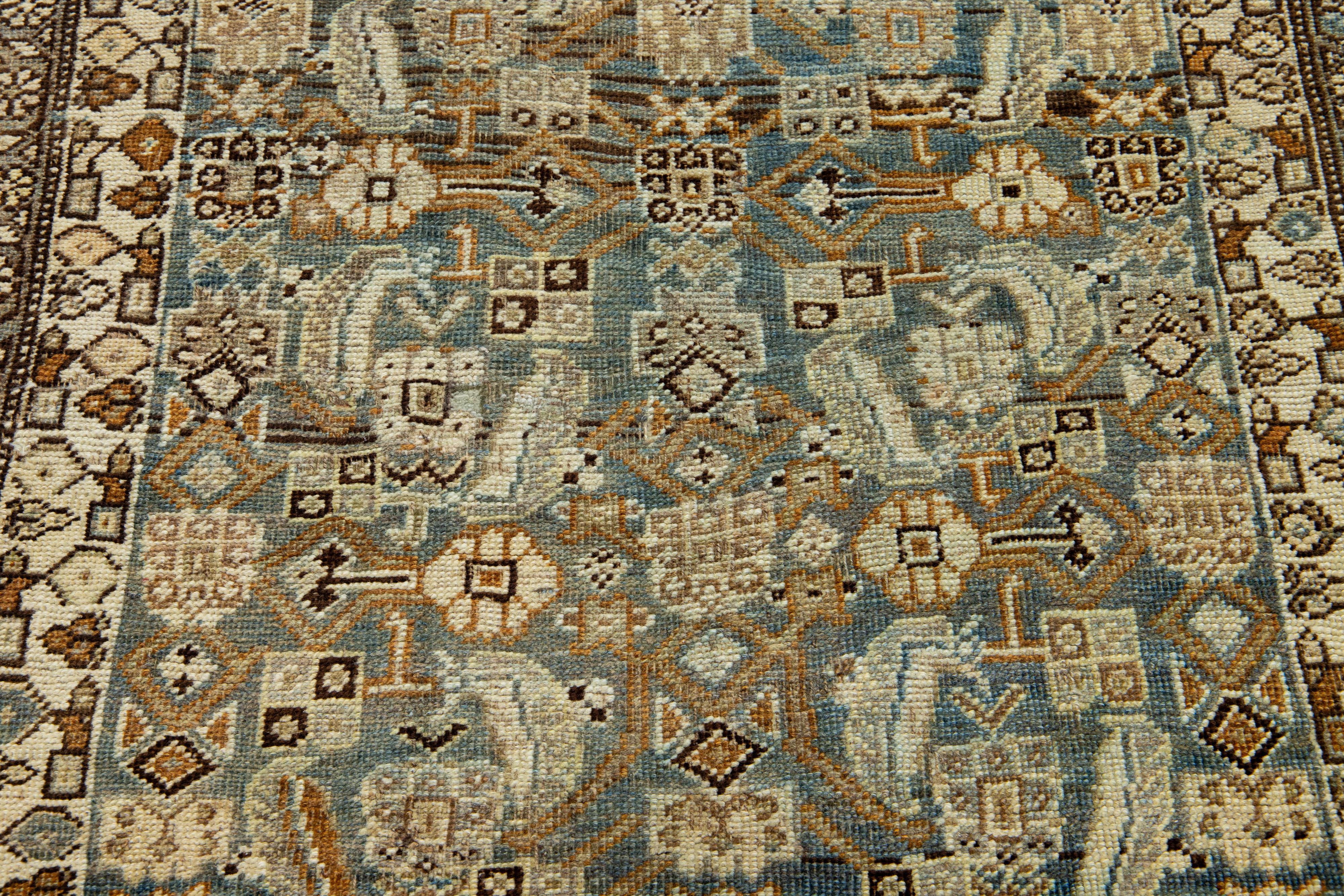 Allover Antique Persian Bidjar Handmade Wool Runner In Brown And Blue For Sale 1