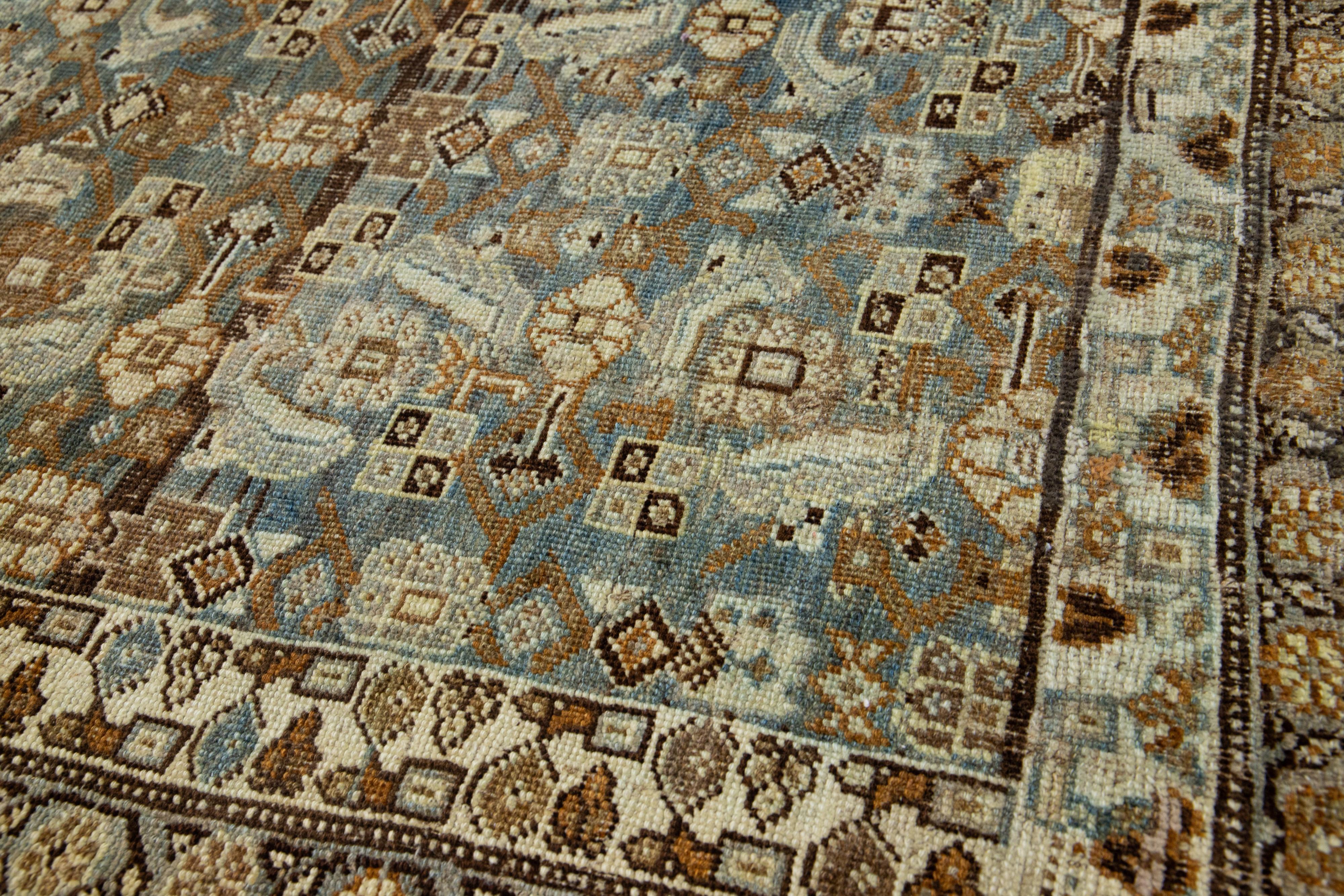 Allover Antique Persian Bidjar Handmade Wool Runner In Brown And Blue For Sale 2