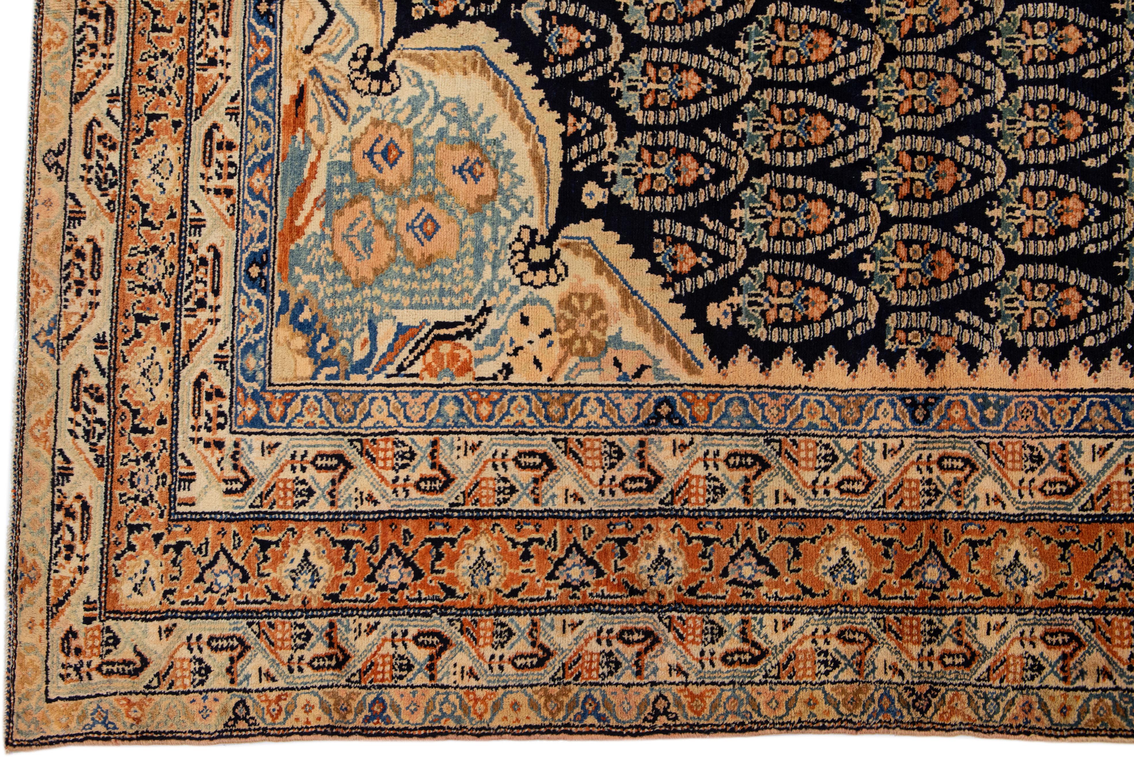 Antiker persischer Farahan-Galerie-Wollteppich in Dunkelblau, handgefertigt (Handgeknüpft) im Angebot