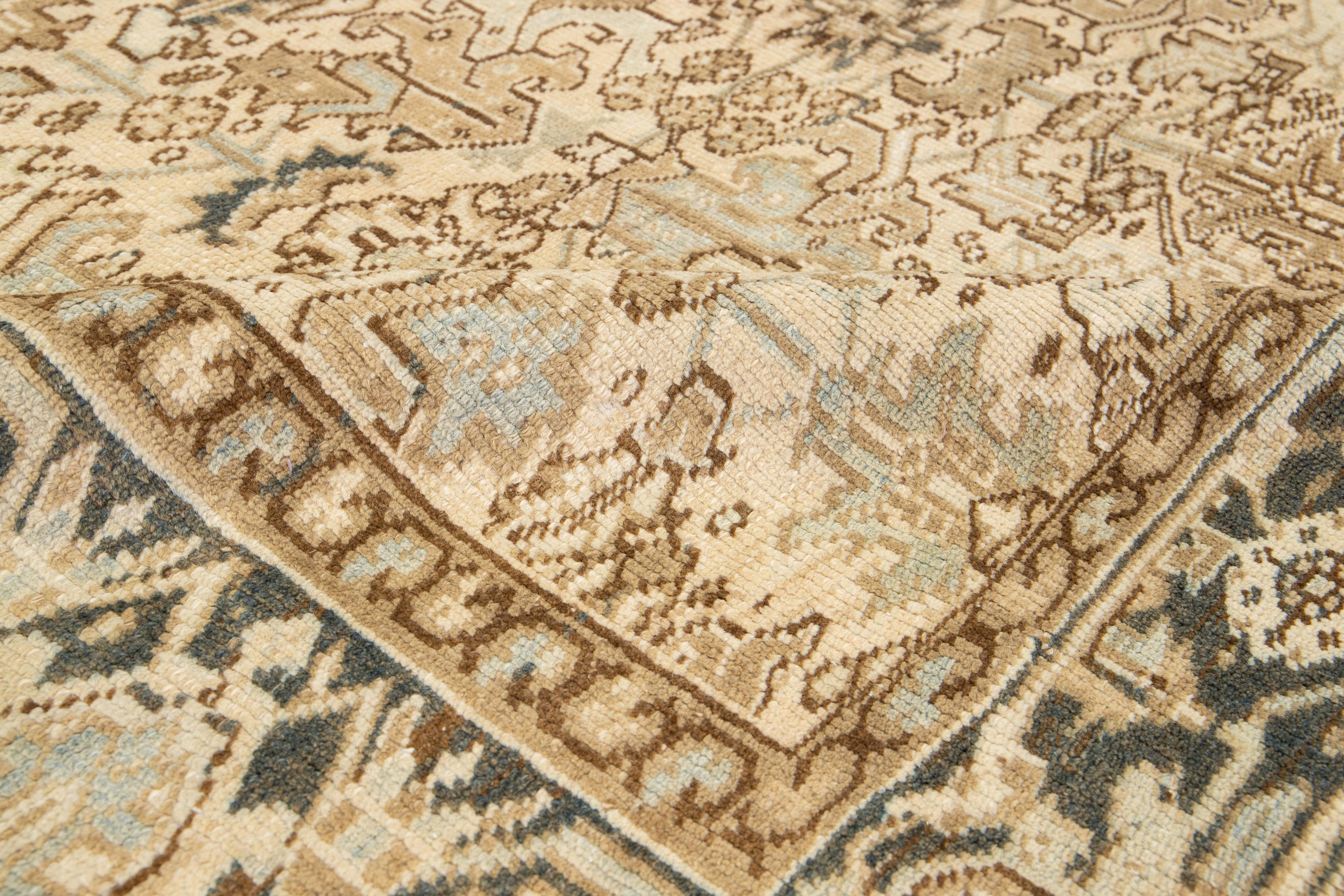 Hand-Knotted Allover Antique Persian Heriz Beige Wool Rug In Room Size For Sale