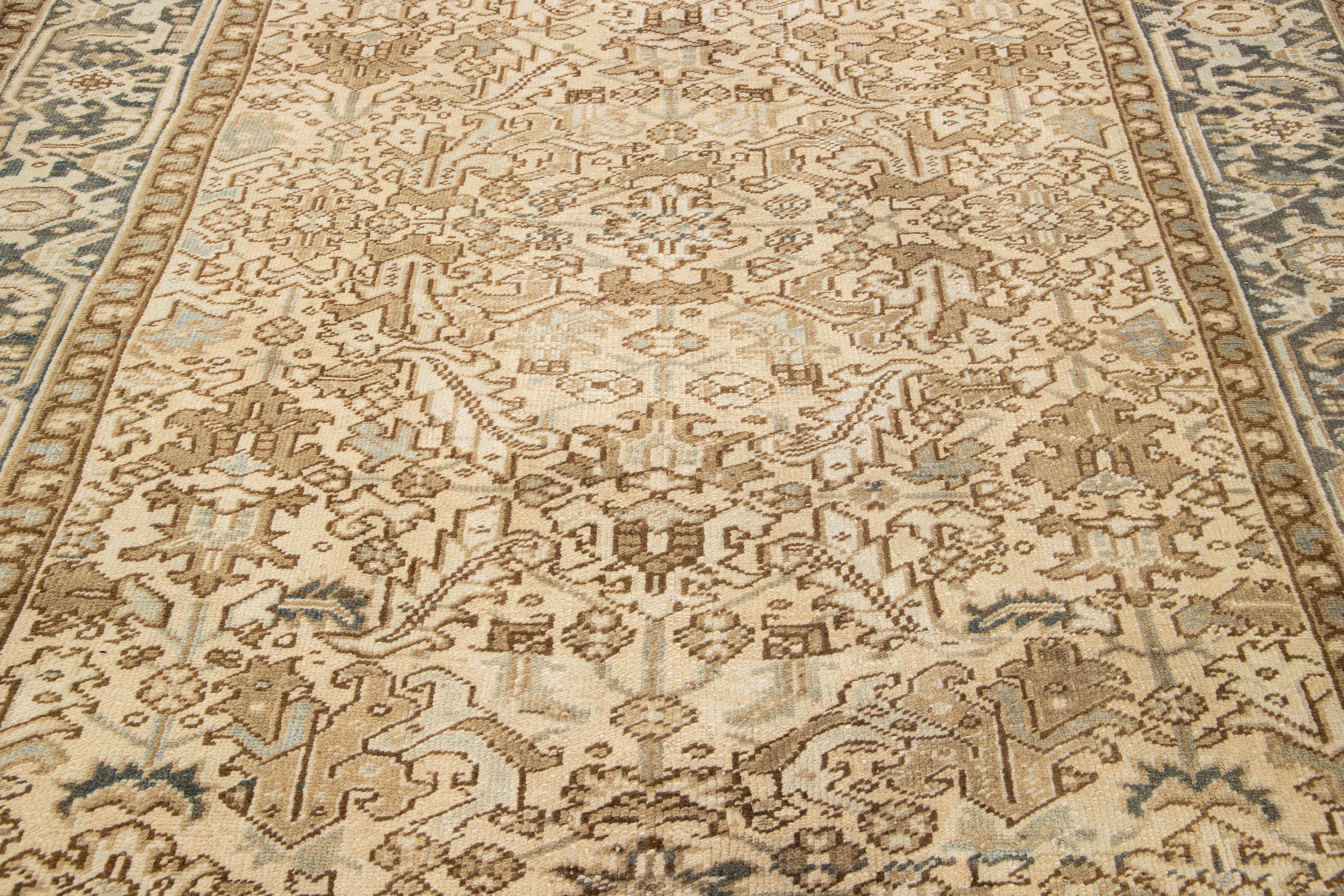 Allover Antique Persian Heriz Beige Wool Rug In Room Size For Sale 1