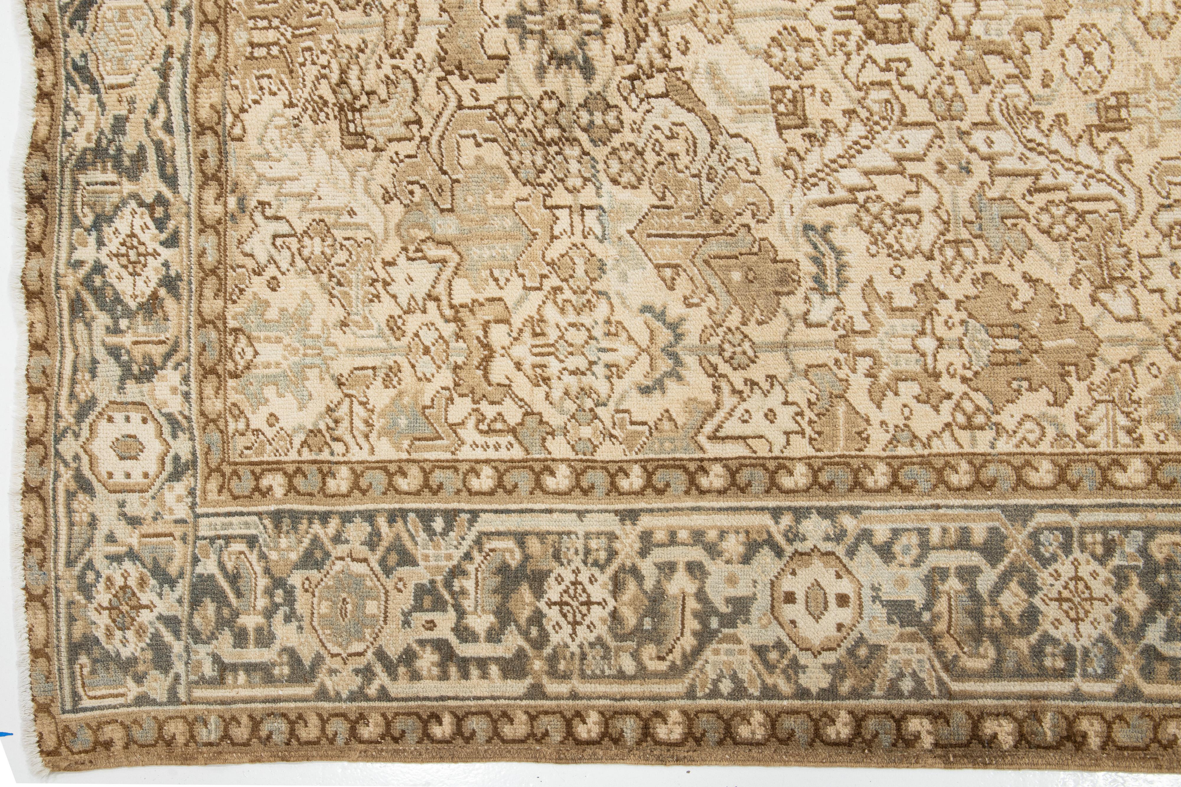 Allover Antique Persian Heriz Beige Wool Rug In Room Size For Sale 2