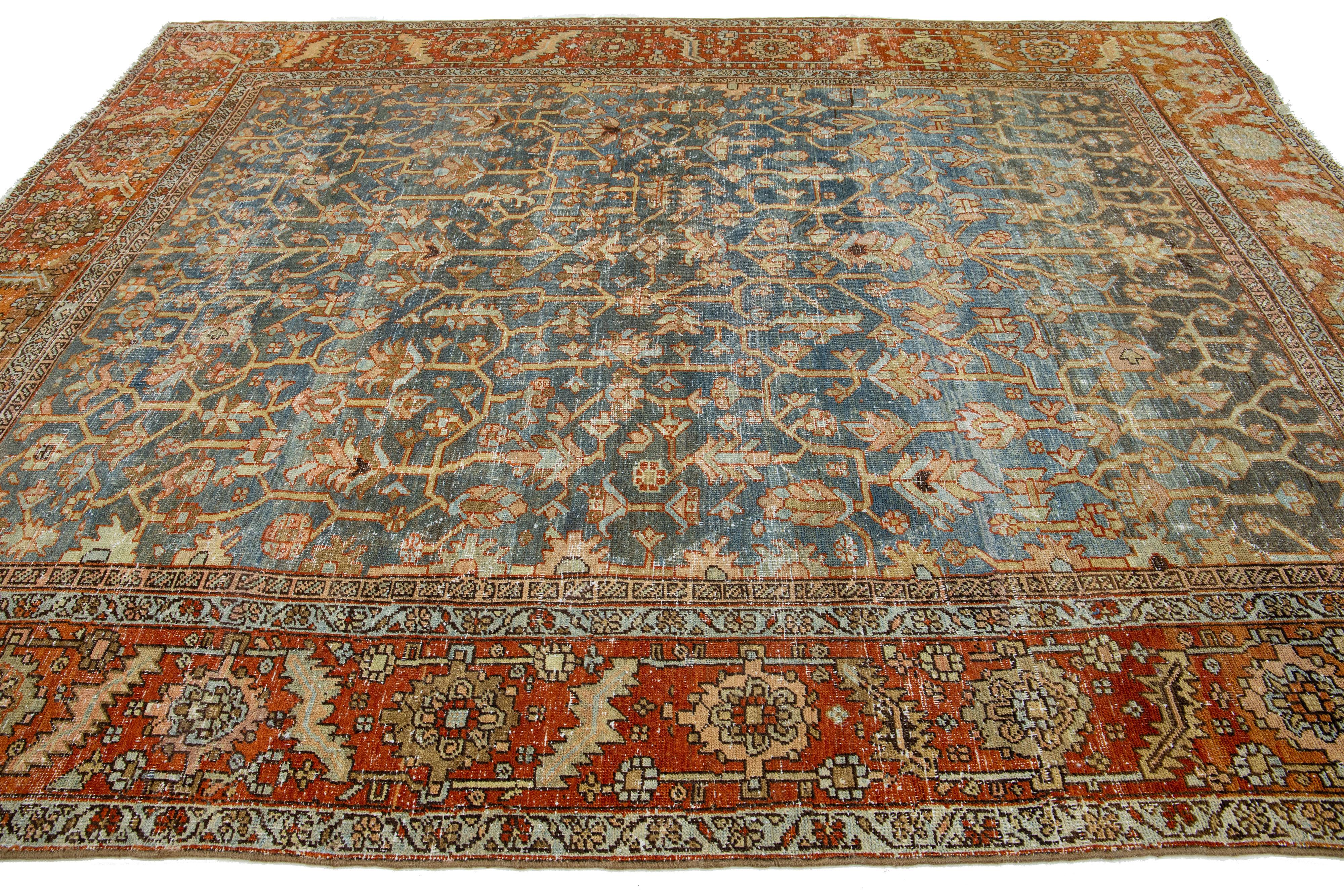 Allover Antique Persian Heriz Wool Rug Featuring In Blue From The 1910s In Good Condition For Sale In Norwalk, CT