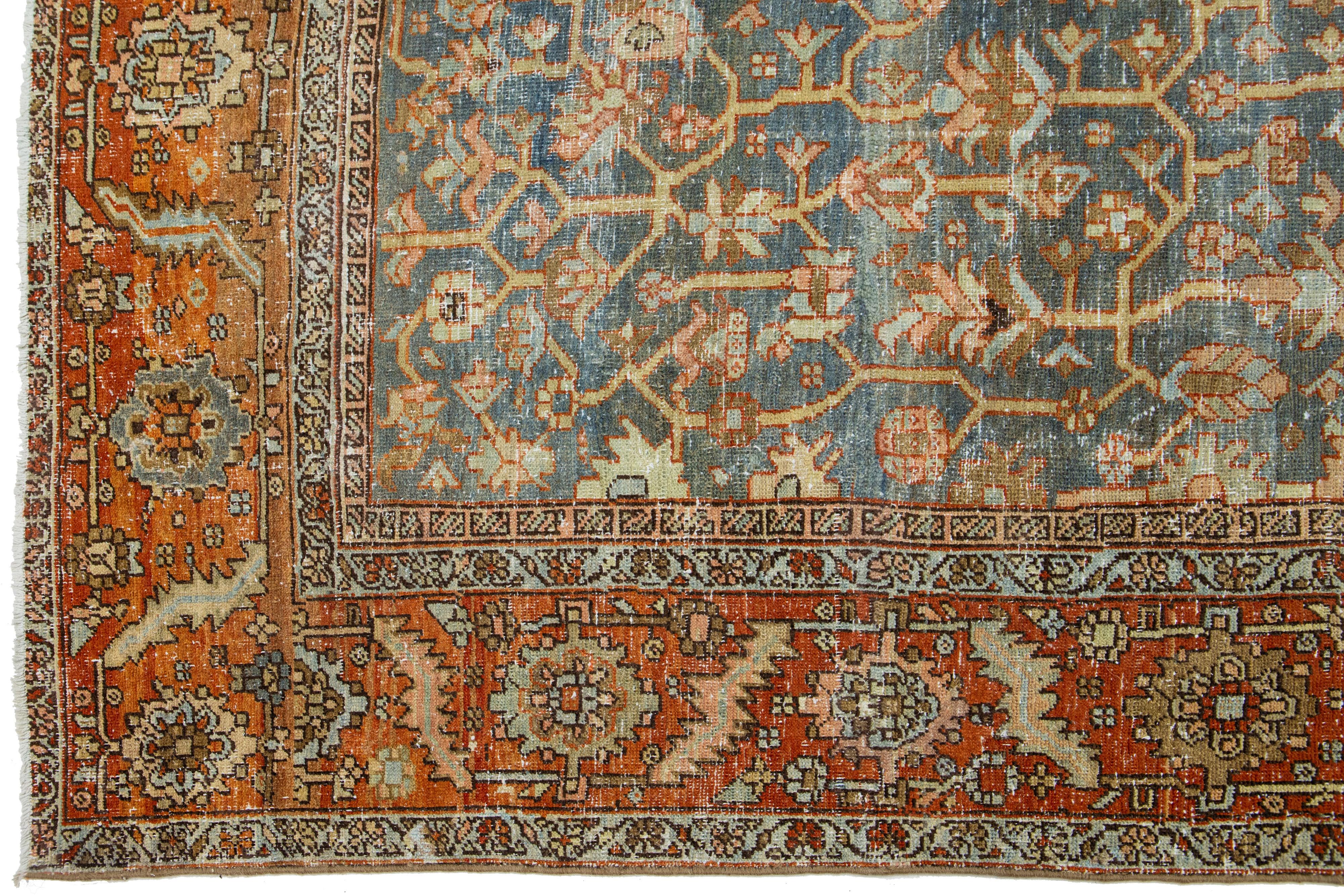 20th Century Allover Antique Persian Heriz Wool Rug Featuring In Blue From The 1910s For Sale