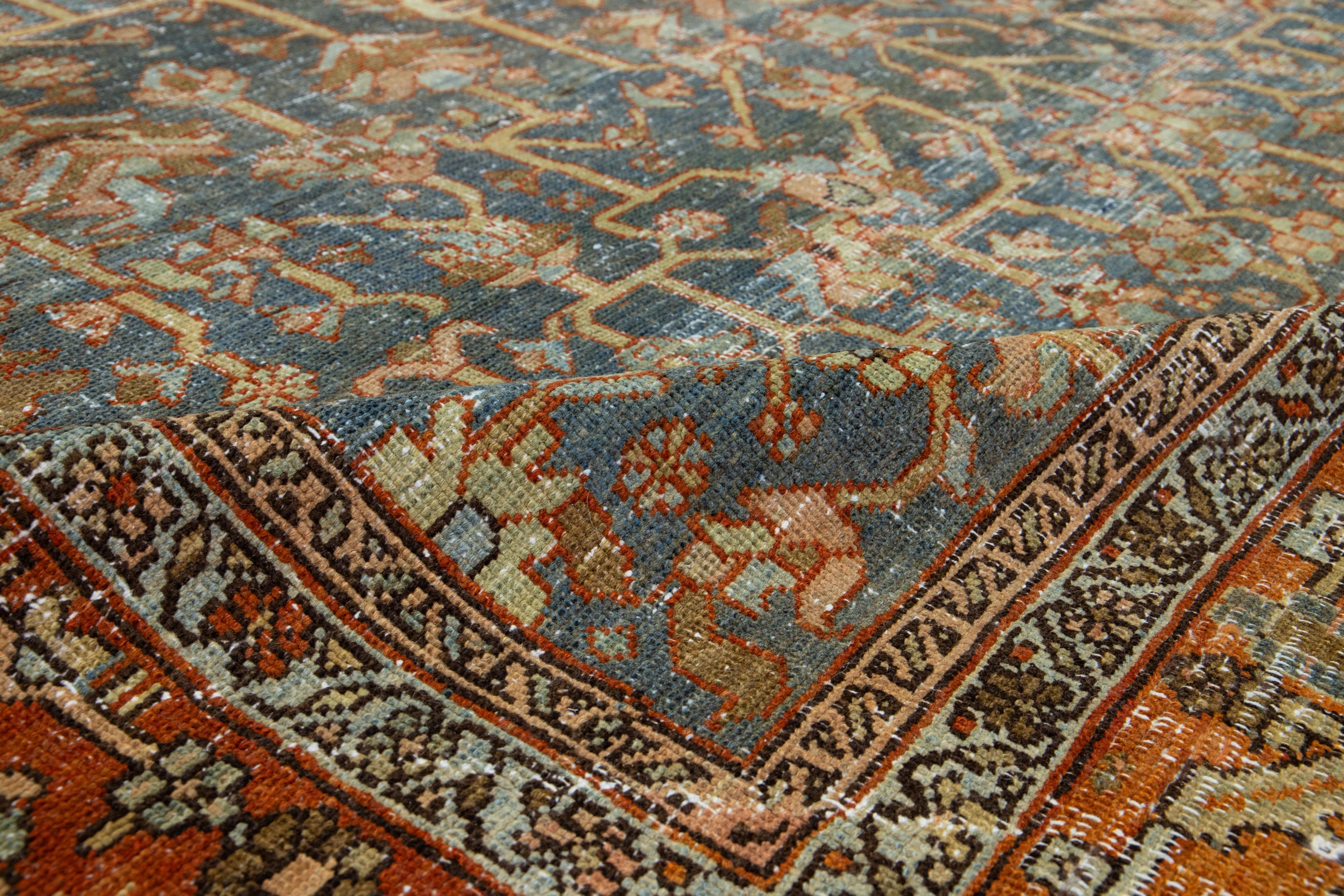 Allover Antique Persian Heriz Wool Rug Featuring In Blue From The 1910s For Sale 3