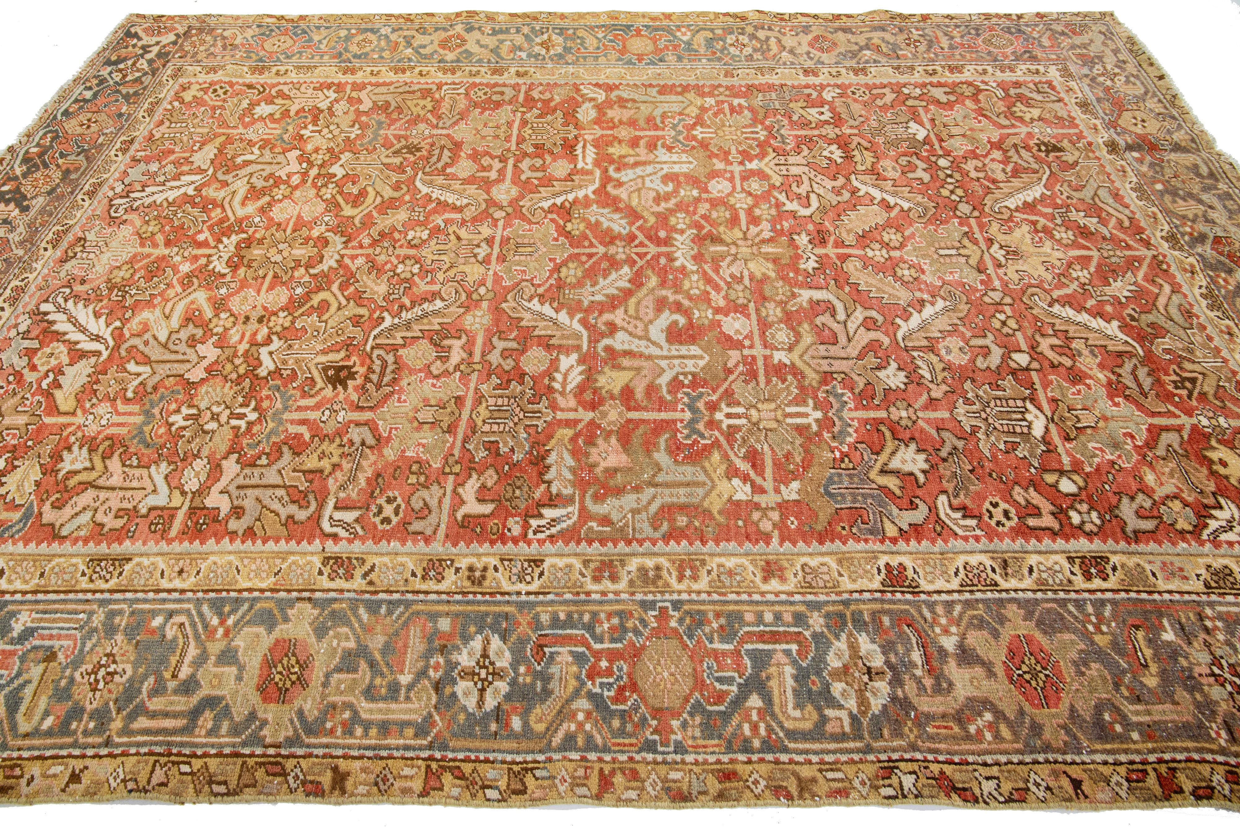 Hand-Knotted Allover Antique Persian Heriz Wool Rug In Rust Color From The 1920s For Sale