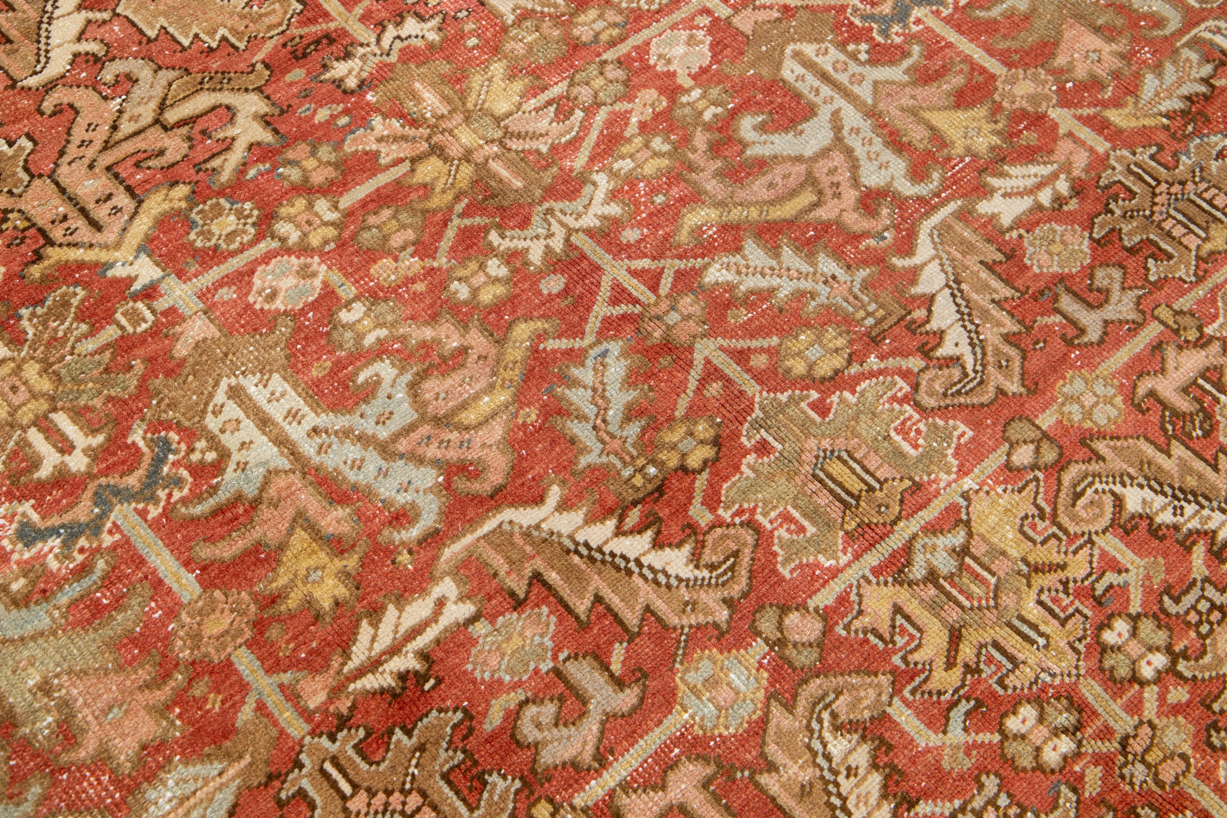 Allover Antique Persian Heriz Wool Rug In Rust Color From The 1920s For Sale 1