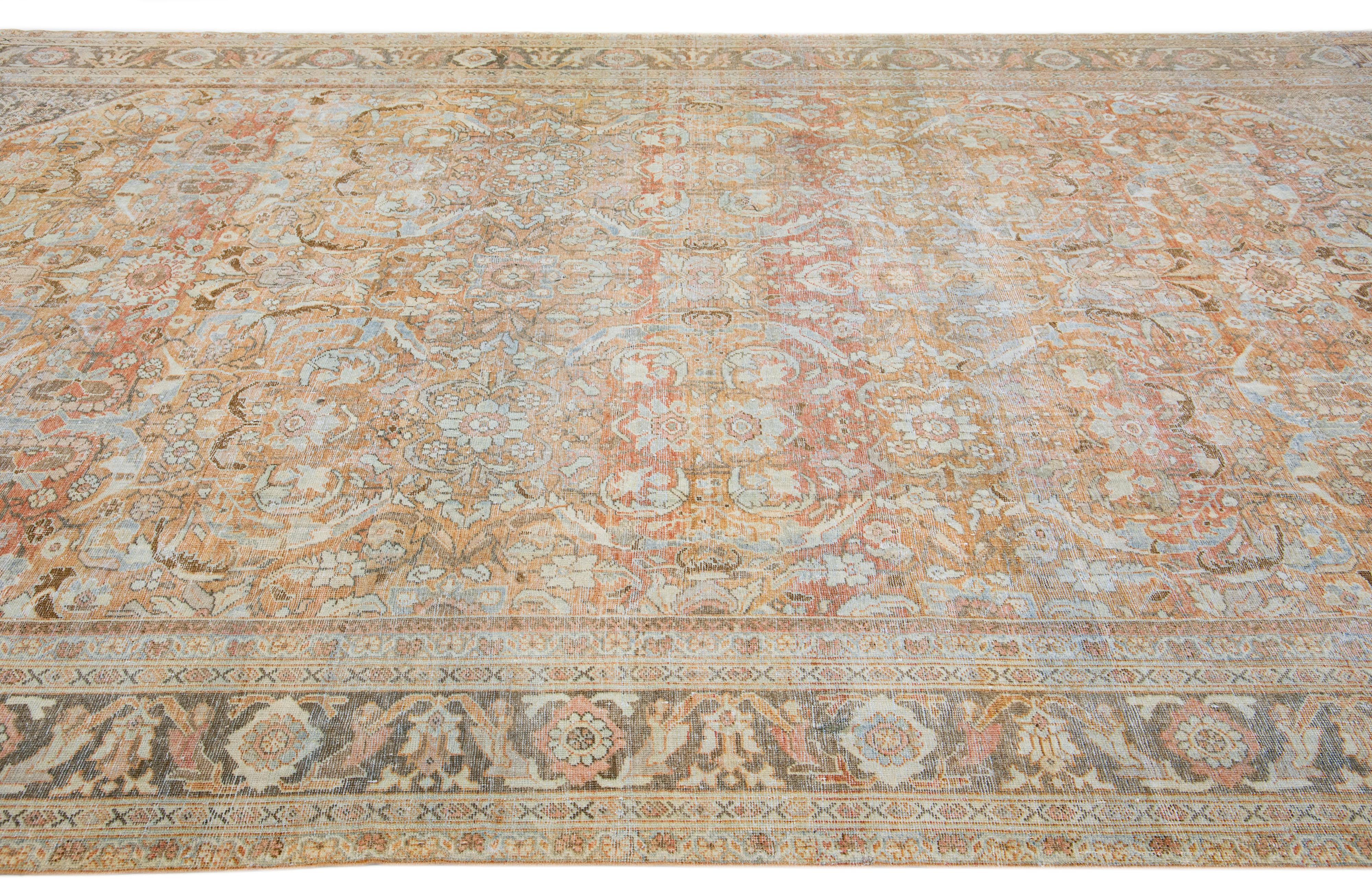 Hand-Knotted Allover Antique Persian Mahal Wool Rug with Orange / Rust Field For Sale