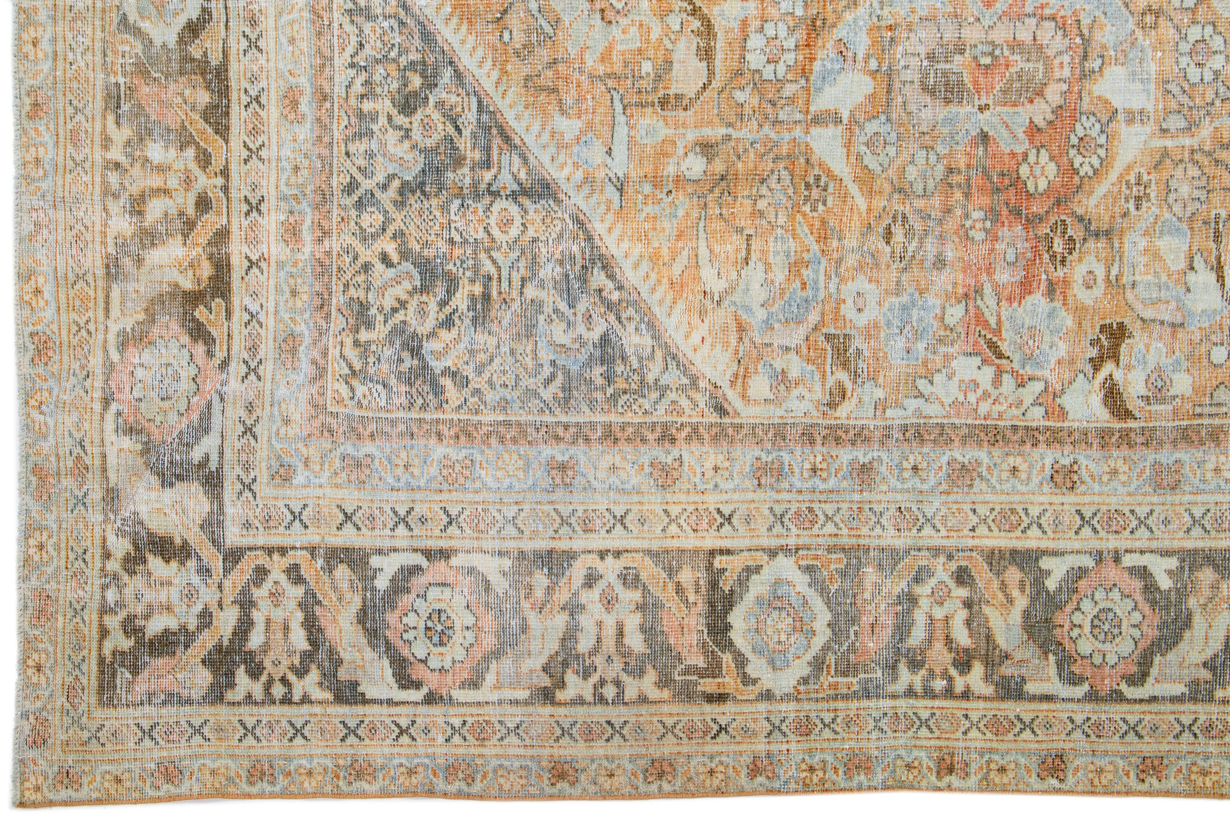 Allover Antiker persischer Mahal-Wollteppich mit orangefarbenem/grauem Feld (Handgeknüpft) im Angebot