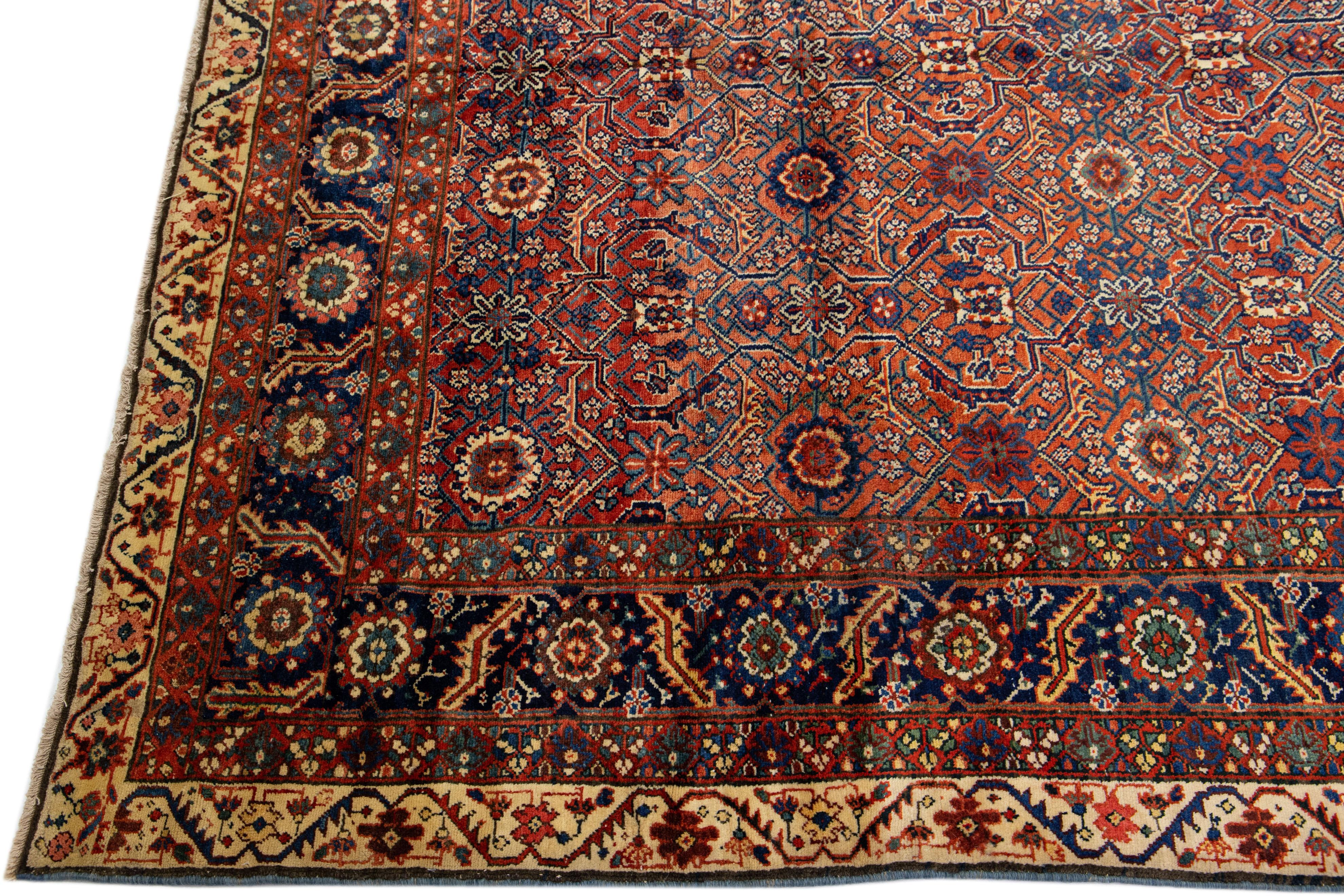 Hand-Knotted Allover Antique Persian Malayer Rust Handmade Wool Rug For Sale
