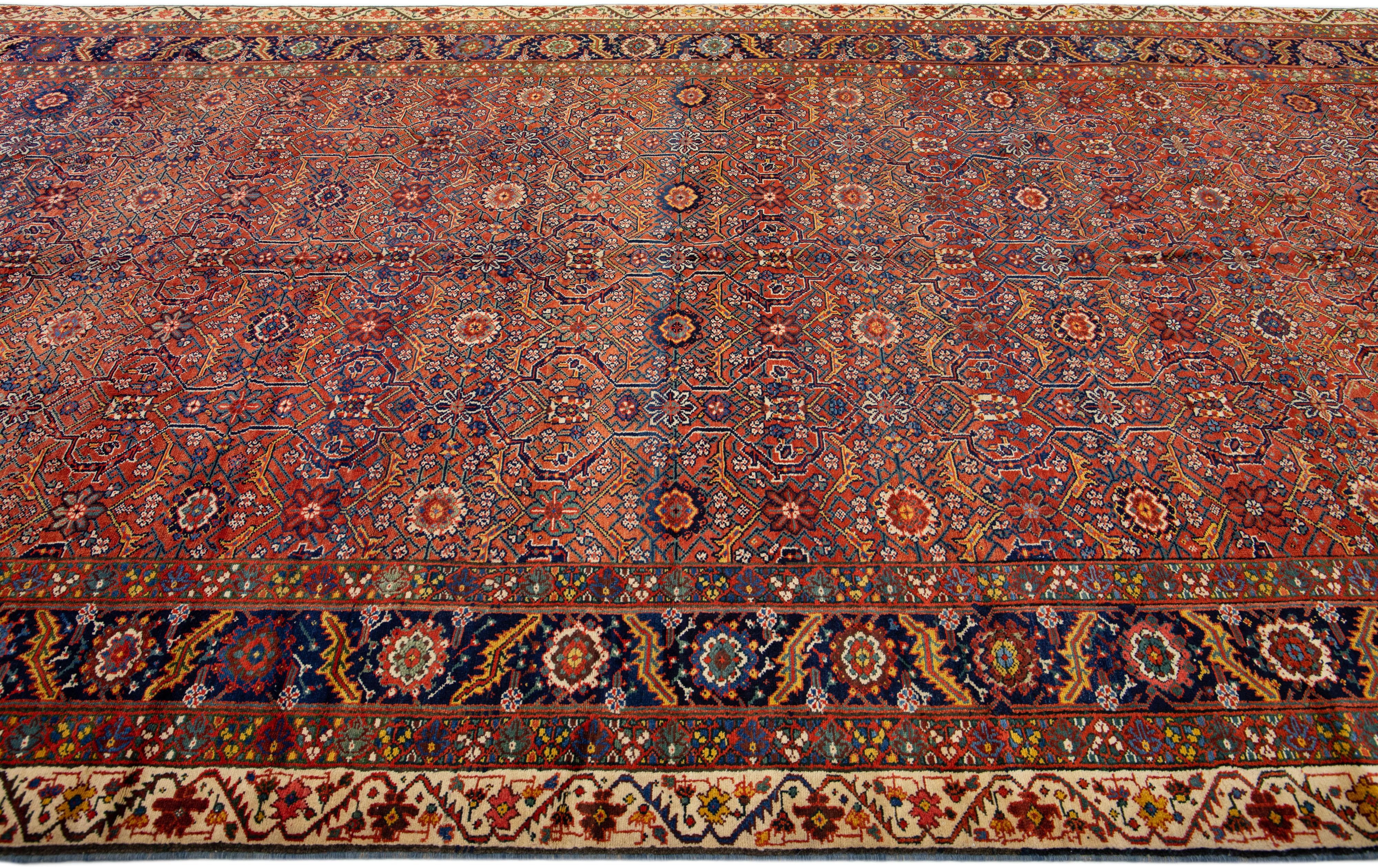 20th Century Allover Antique Persian Malayer Rust Handmade Wool Rug For Sale