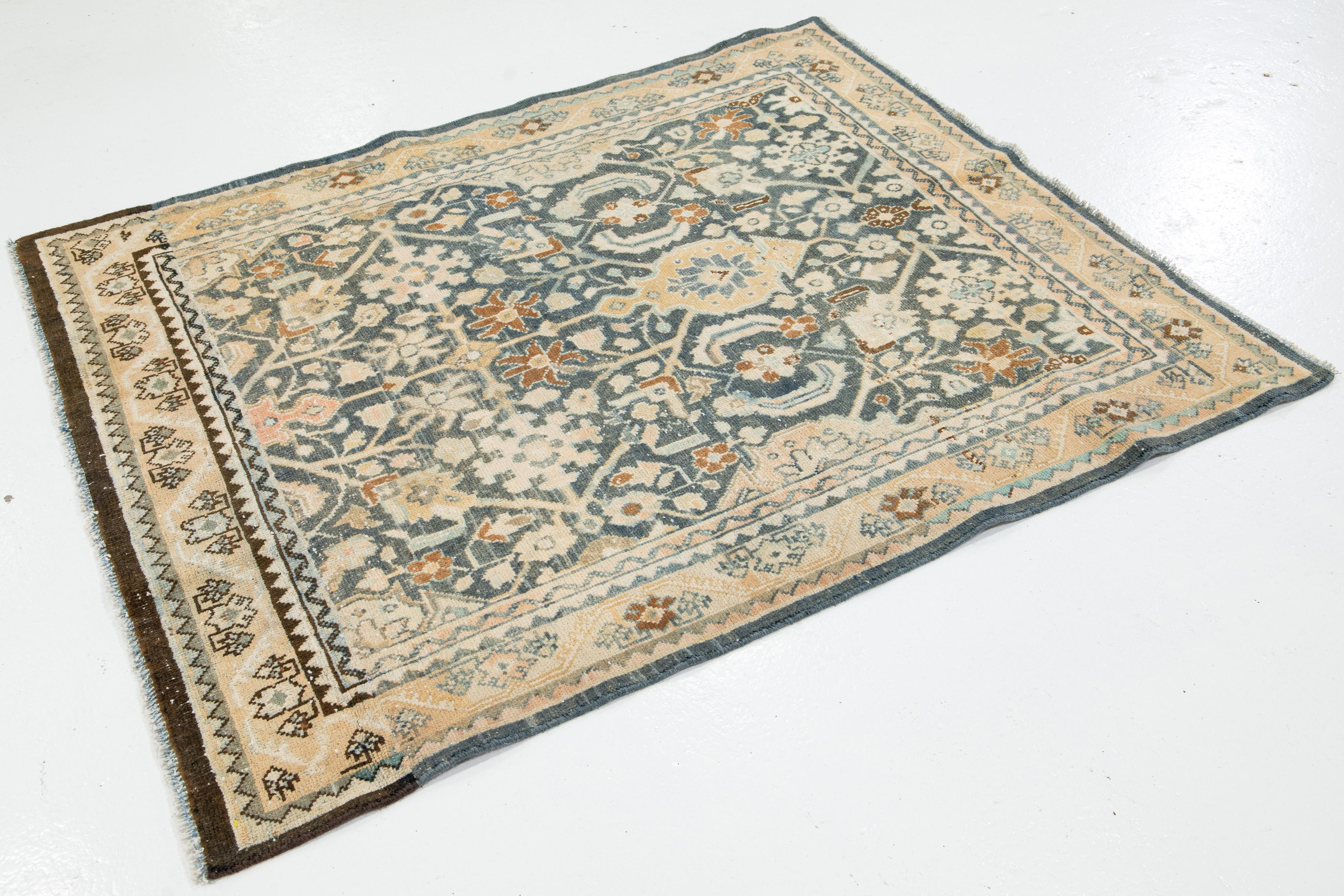 20th Century Allover Antique Persian Malayer Wool Rug Handmade In Blue For Sale