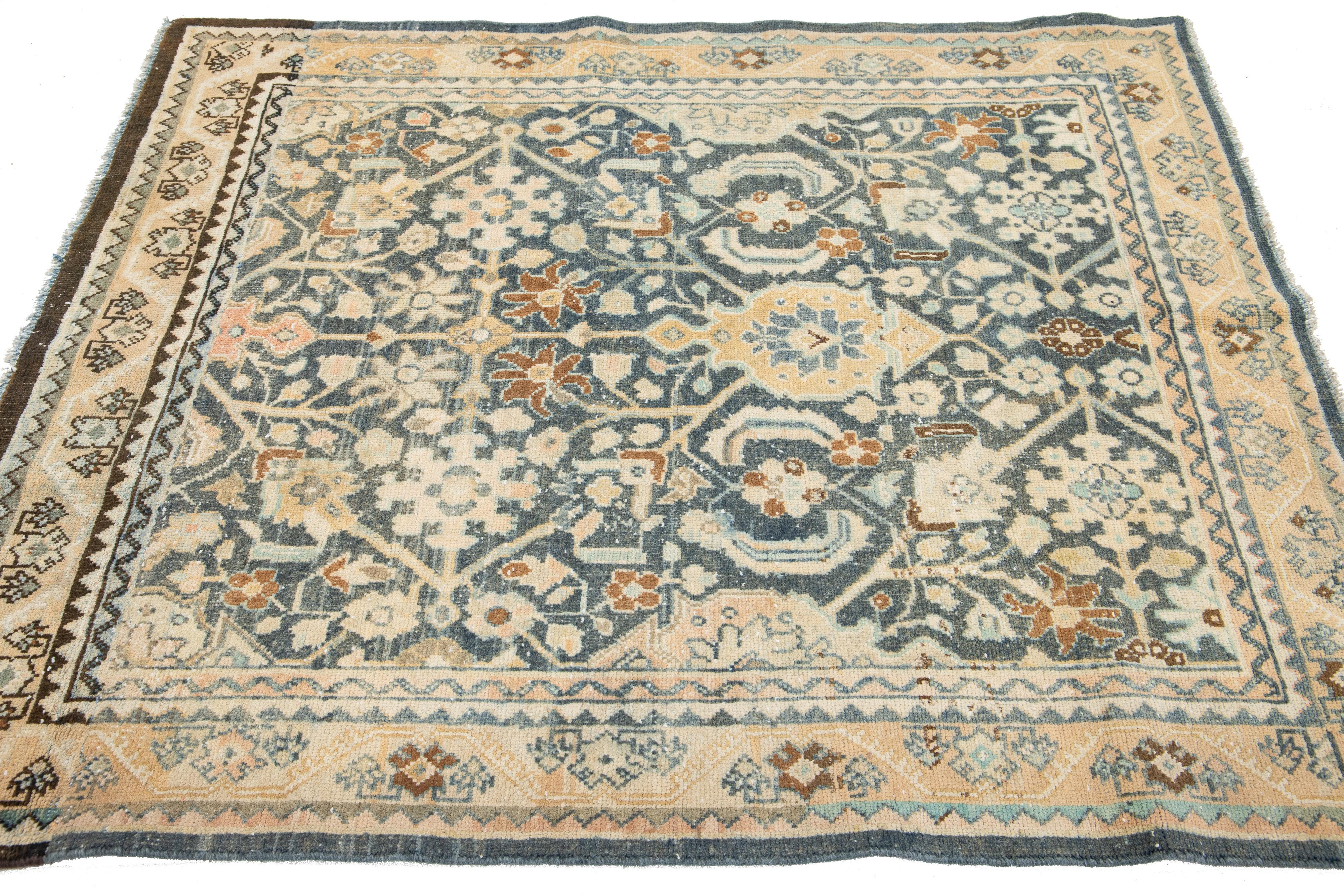 Allover Antique Persian Malayer Wool Rug Handmade In Blue For Sale 4