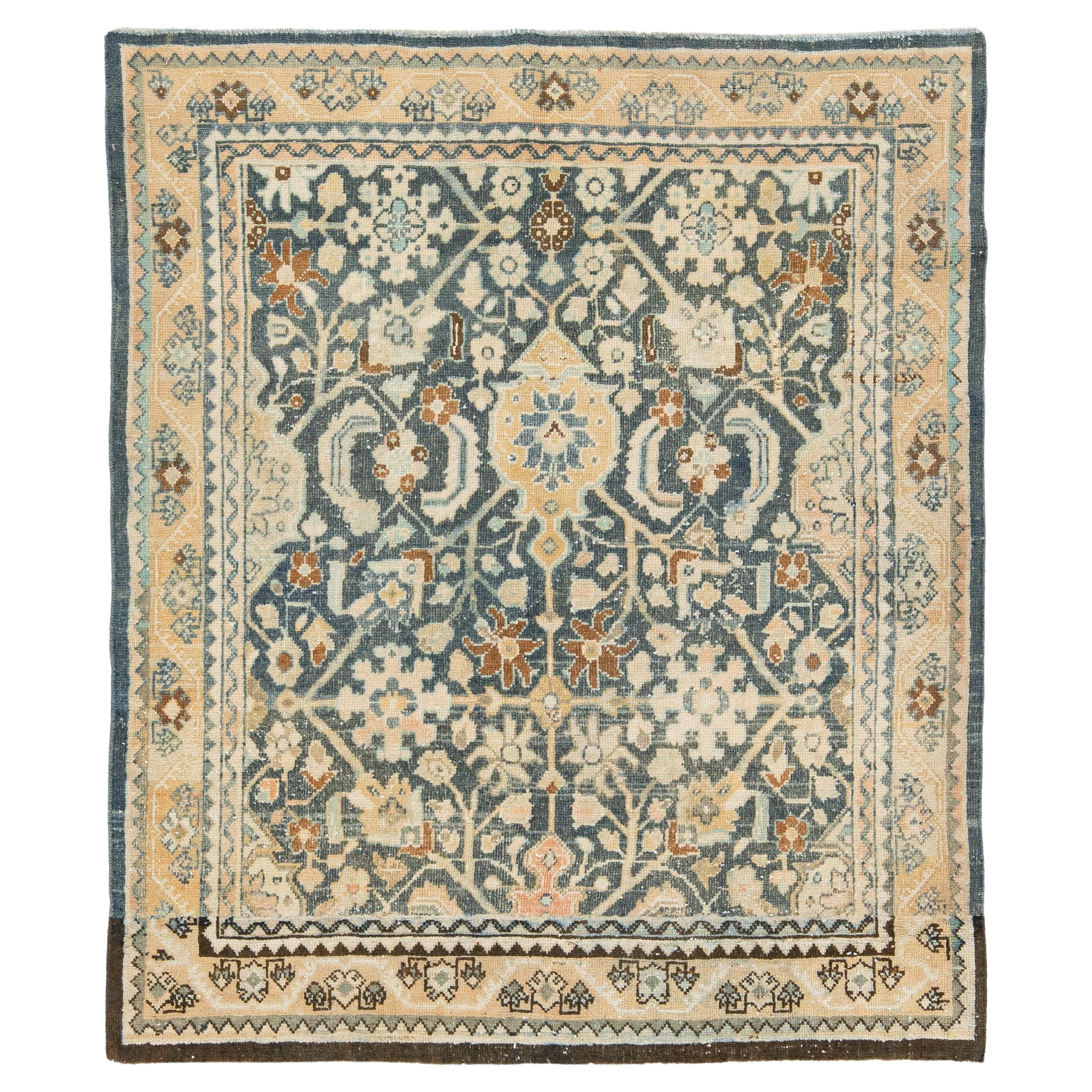 Allover Antique Persian Malayer Wool Rug Handmade In Blue For Sale