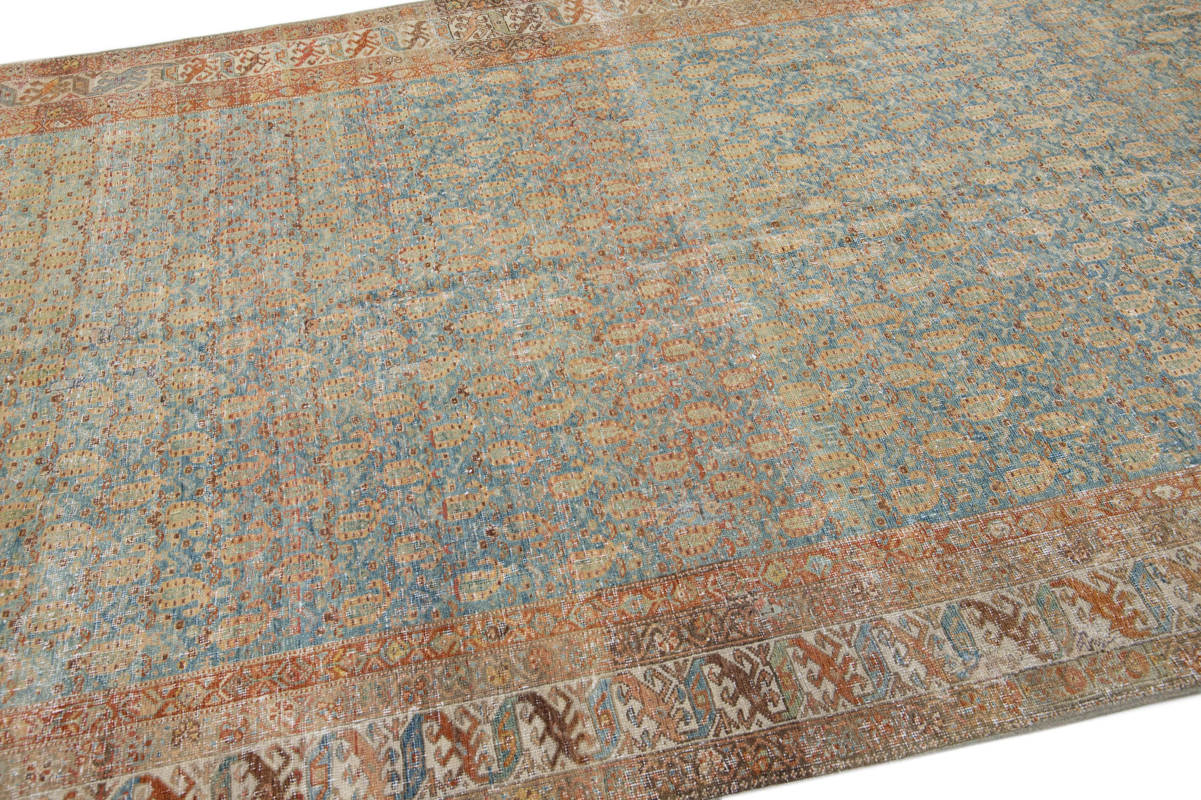 Allover Antique Persian Malayer Wool Rug with Bue & Rust Color Field In Good Condition For Sale In Norwalk, CT