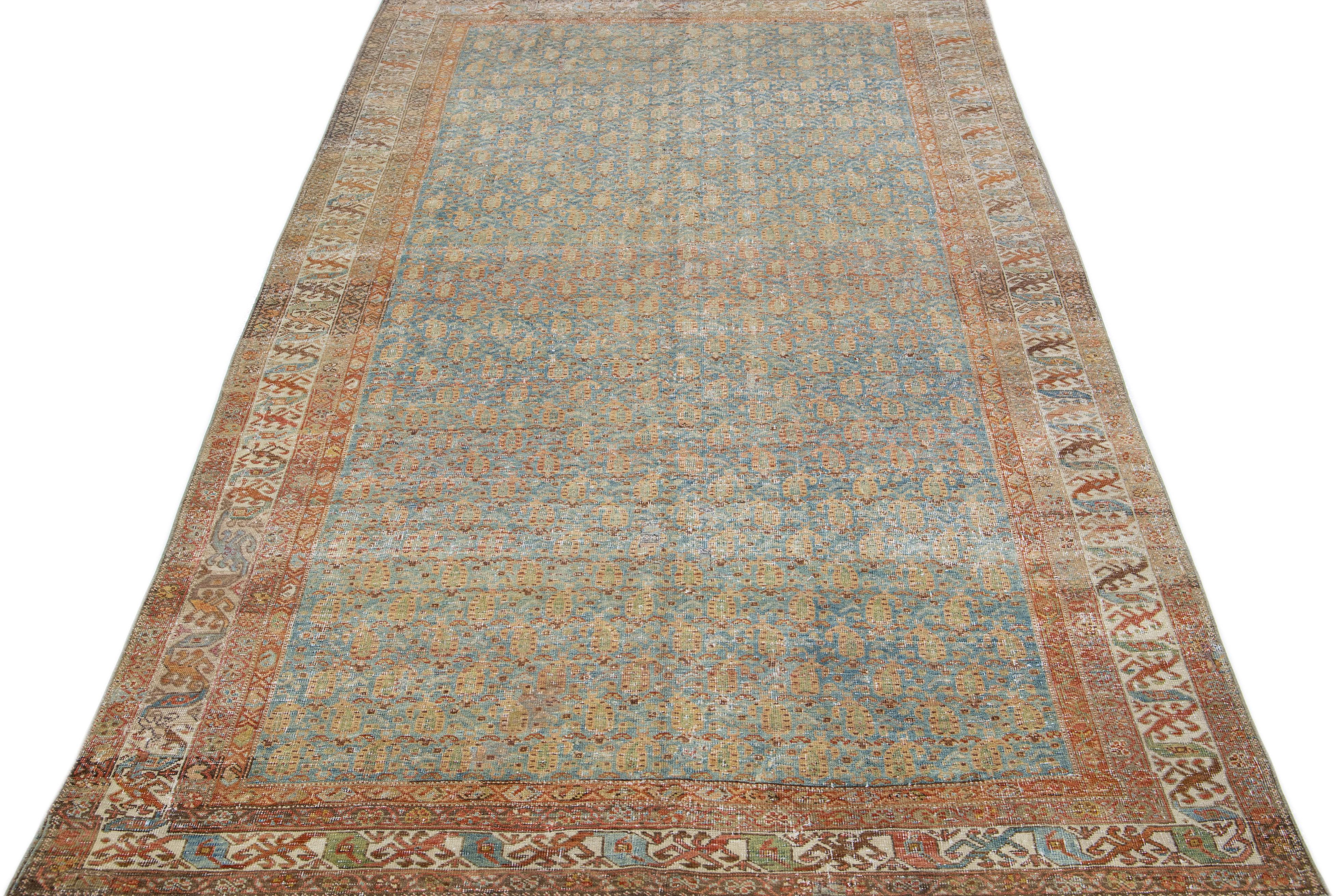 Allover Antique Persian Malayer Wool Rug with Bue & Rust Color Field For Sale 2