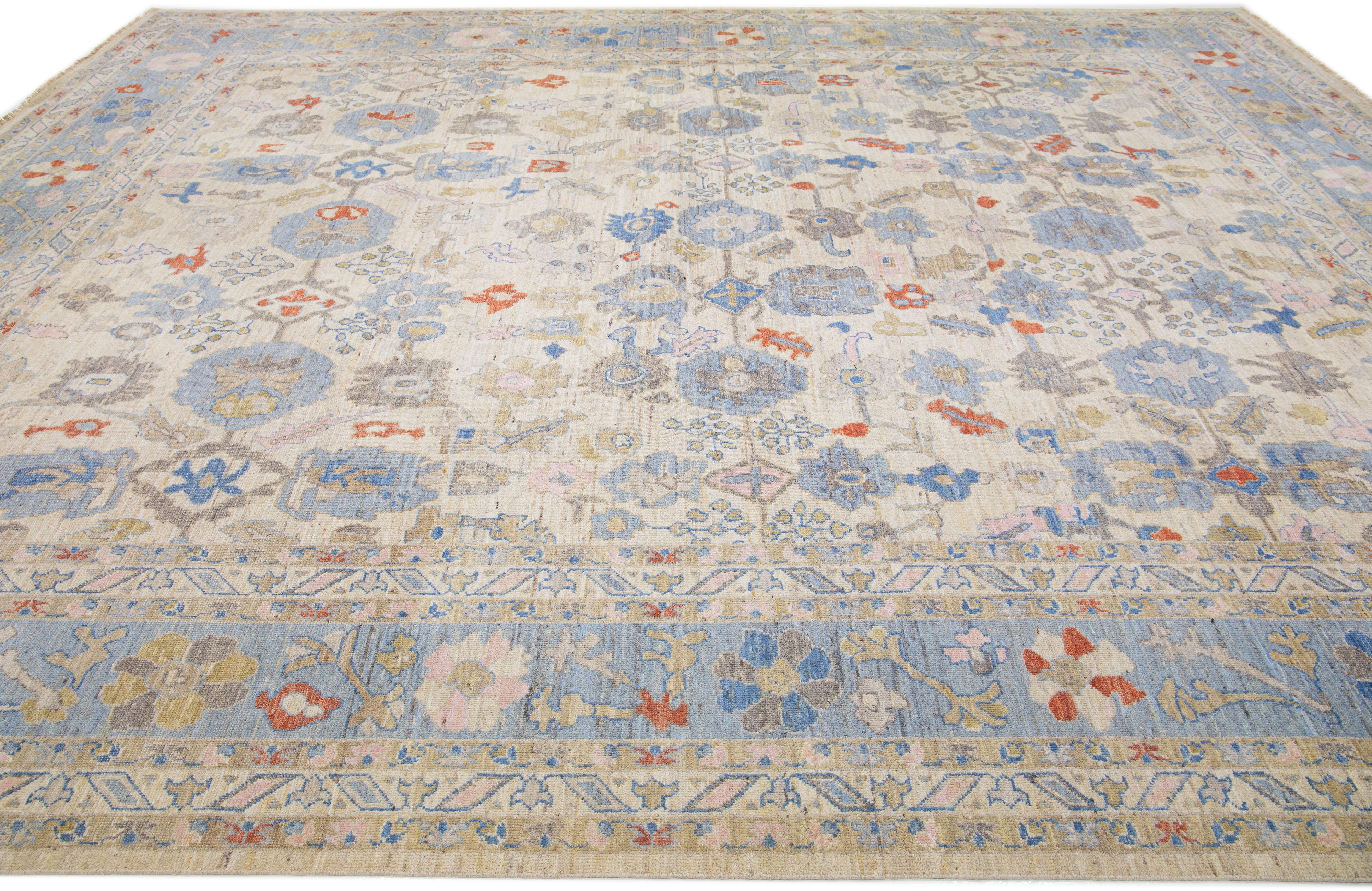 Hand-Knotted Allover Contemporary Handmade Sultanabad Wool Rug in Beige For Sale