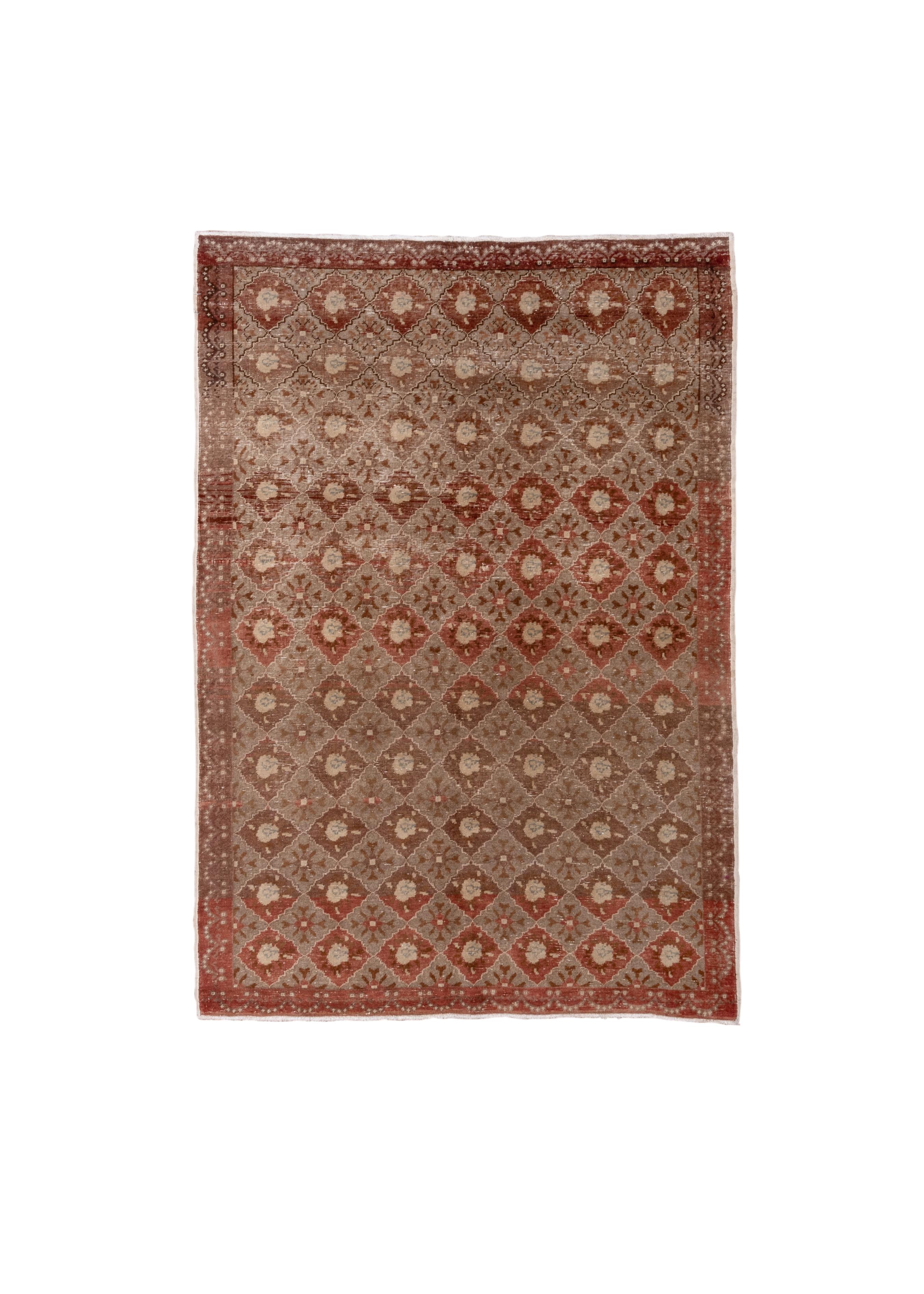 Hand-Knotted Allover Design Vintage Turkish Oushak Rug, Red and Brown Palette, circa 1950s For Sale
