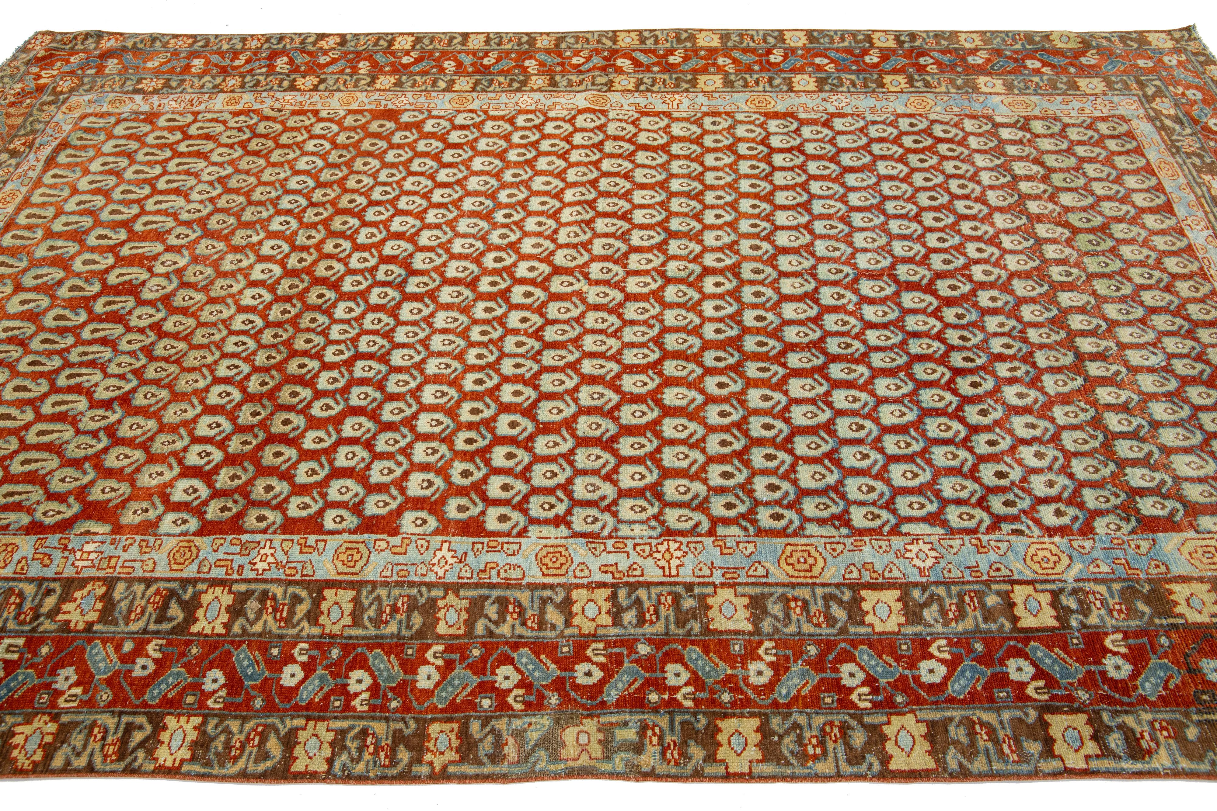 Hand-Knotted Allover Designed Antique Hamadan Persian Wool Rug In Red-Rust Color For Sale