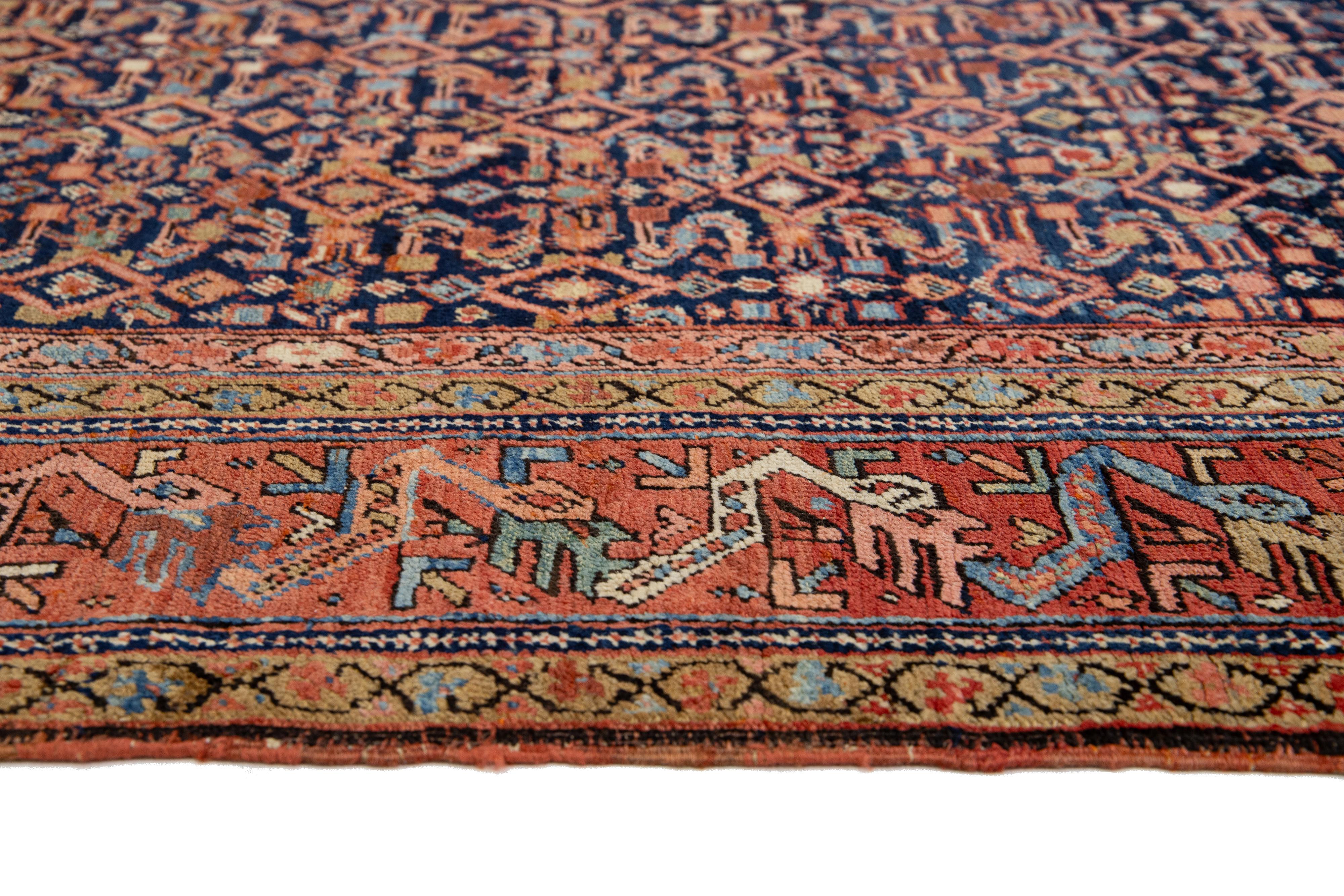 Hand-Knotted Allover Designed Antique Malayer Persian Wool Rug In Navy Blue For Sale
