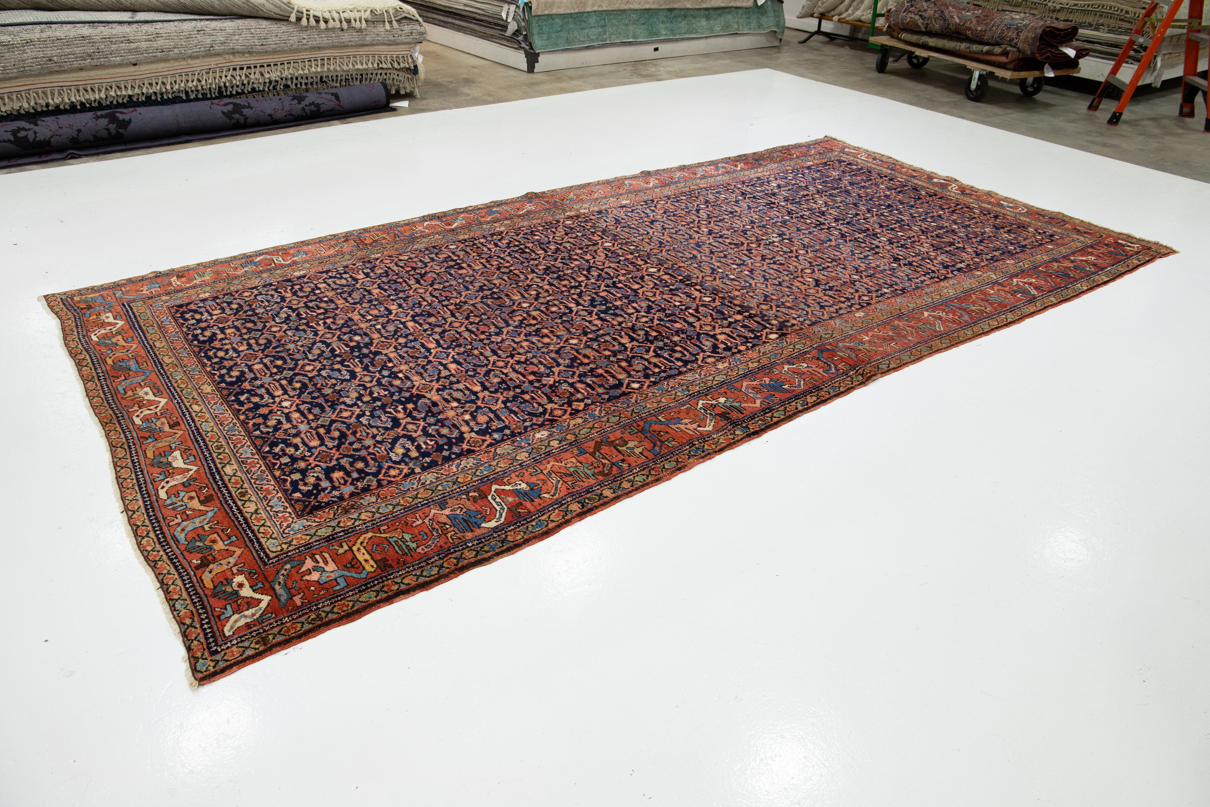 Allover Designed Antique Malayer Persian Wool Rug In Navy Blue In Good Condition For Sale In Norwalk, CT