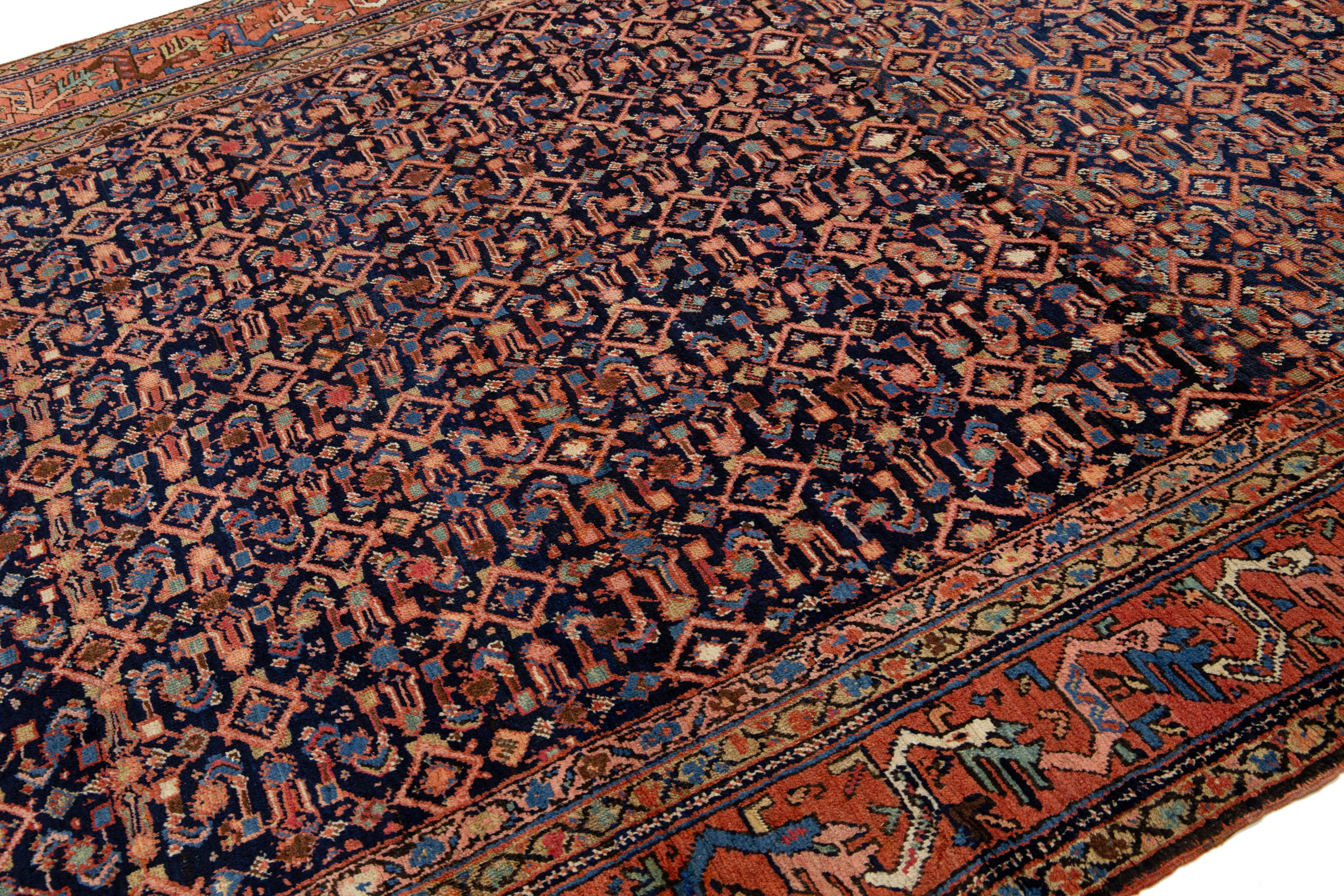 20th Century Allover Designed Antique Malayer Persian Wool Rug In Navy Blue For Sale